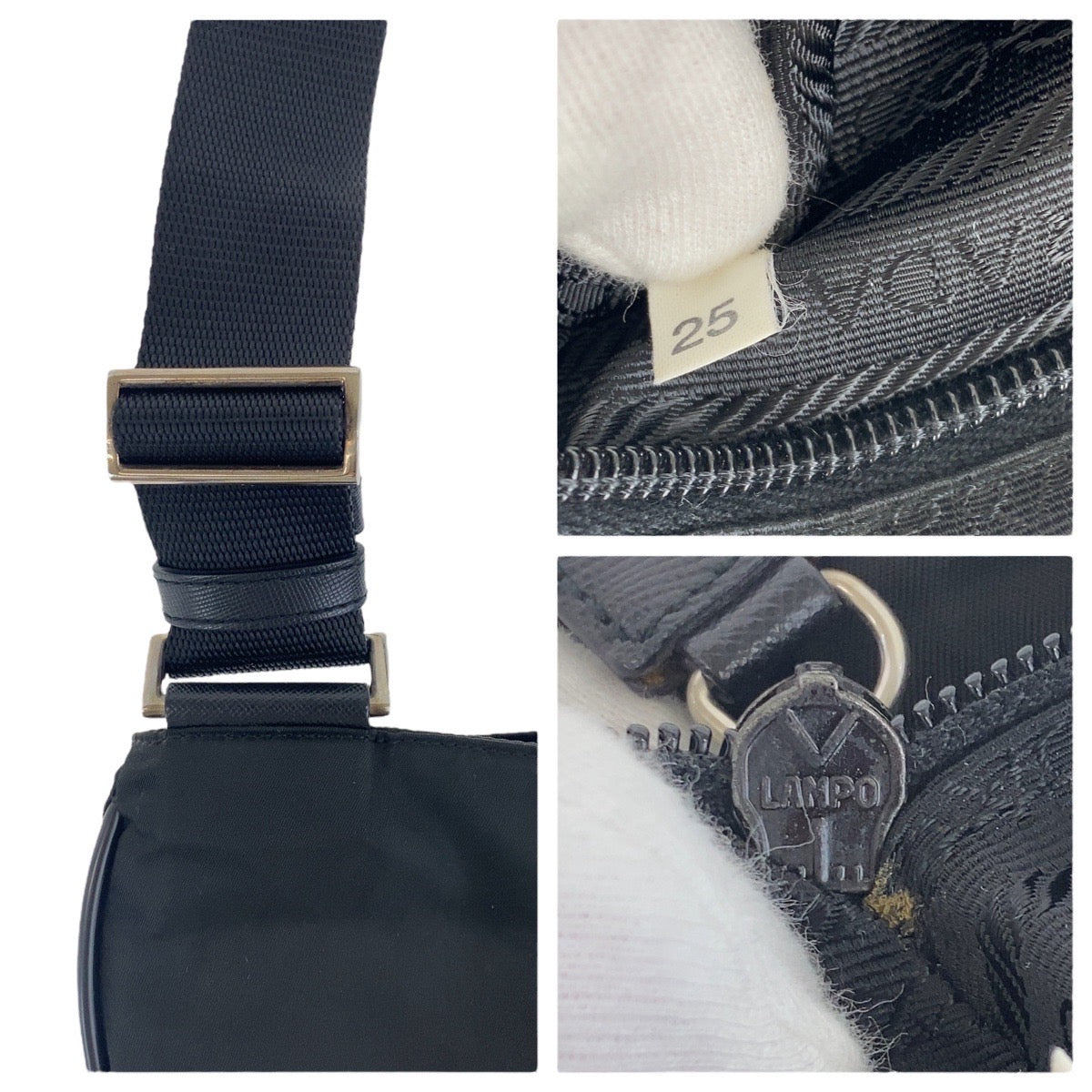 19141
PRADA プラダ テスート サフィアーノ 三角ロゴプレート ブラック 黒 シルバー金具 ナイロン / レザー ショルダーバッグ ポシェット  レディース ABP38