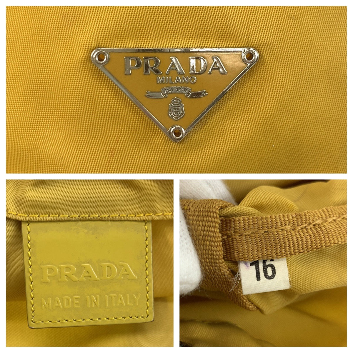 19144
PRADA プラダ テスート 三角ロゴプレート イエロー シルバー金具 ナイロン ポーチ 巾着ポーチ  レディース AB15