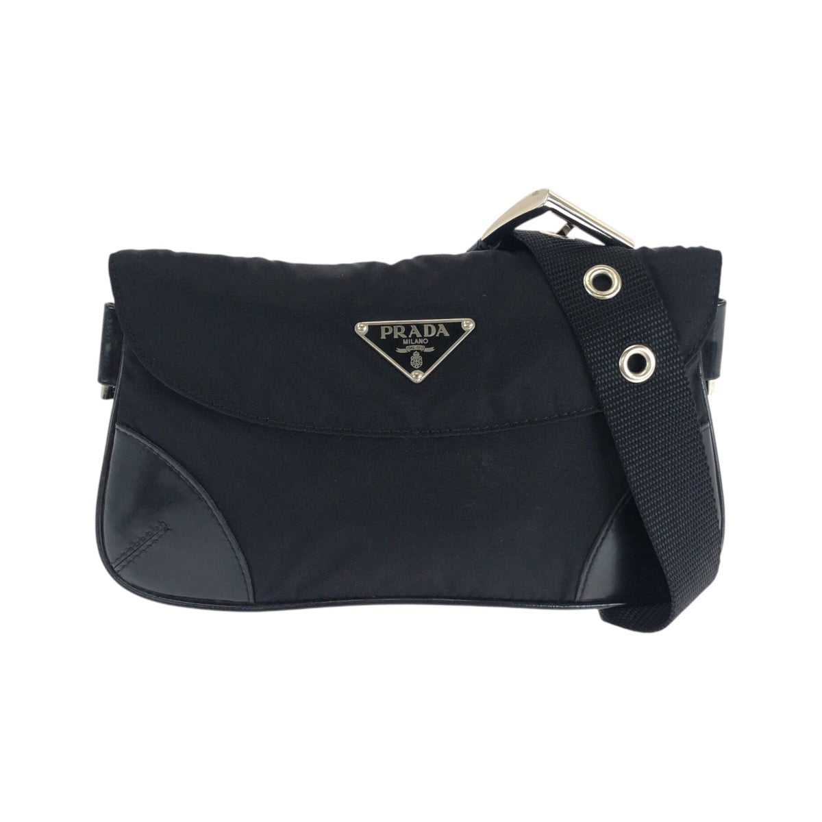 19151
PRADA プラダ テスート 三角ロゴプレート ブラック 黒 シルバー金具 ナイロン / レザー ウエストバッグ ボディバッグ  レディース A43