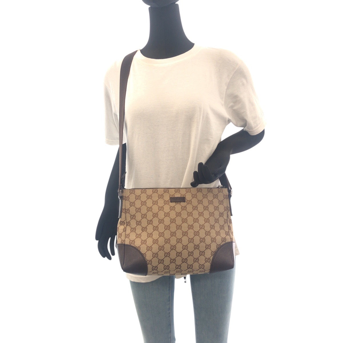19154
GUCCI グッチ ベージュ ブラウン シルバー金具 GGキャンバス / レザー 114273 ショルダーバッグ メッセンジャーバッグ レディース AB38