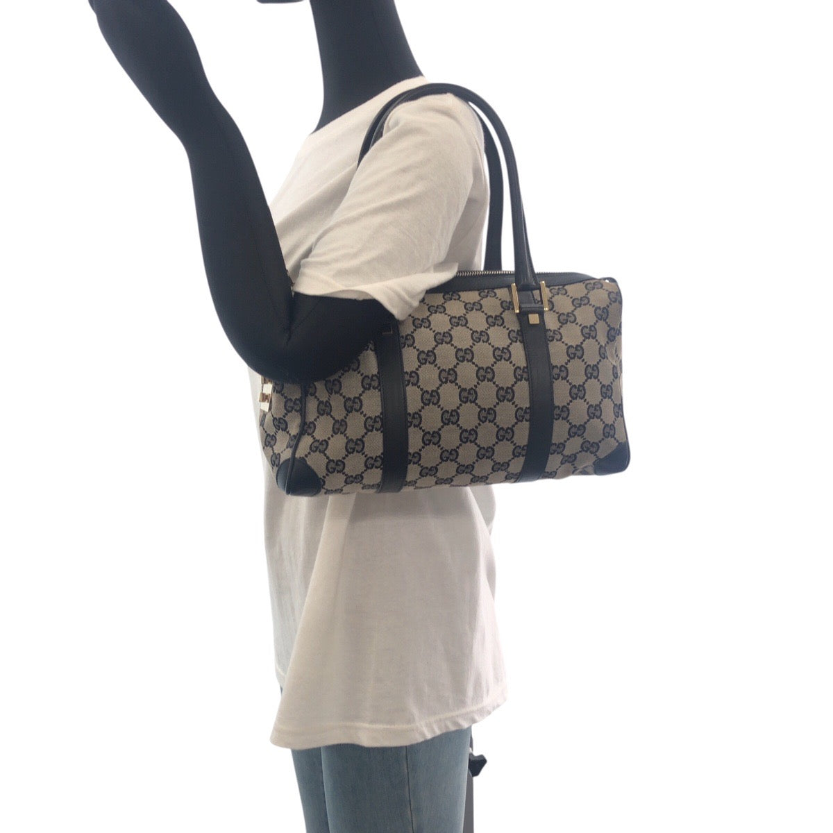 19156
GUCCI グッチ ブラック 黒 グレー ゴールド金具 GGキャンバス / レザー 000 0851 ハンドバッグ ミニボストンバッグ レディース AB38