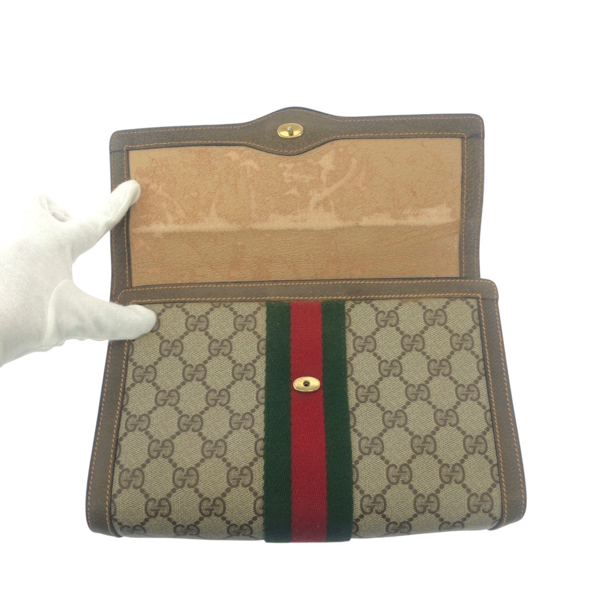 19160
GUCCI グッチ ヴィンテージ オールドグッチ シェリーライン ベージュ ブラウン ゴールド金具 GGスプリームキャンバス / レザー 89 01 006 クラッチバッグ セカンドバッグ  メンズ AB17