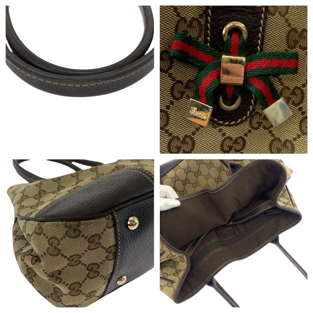 19169
GUCCI グッチ シェリーライン プリンシー リボン ベージュ ブラウン ゴールド金具 GGキャンバス 163805 トートバッグ ショルダーバッグ  レディース ABP41