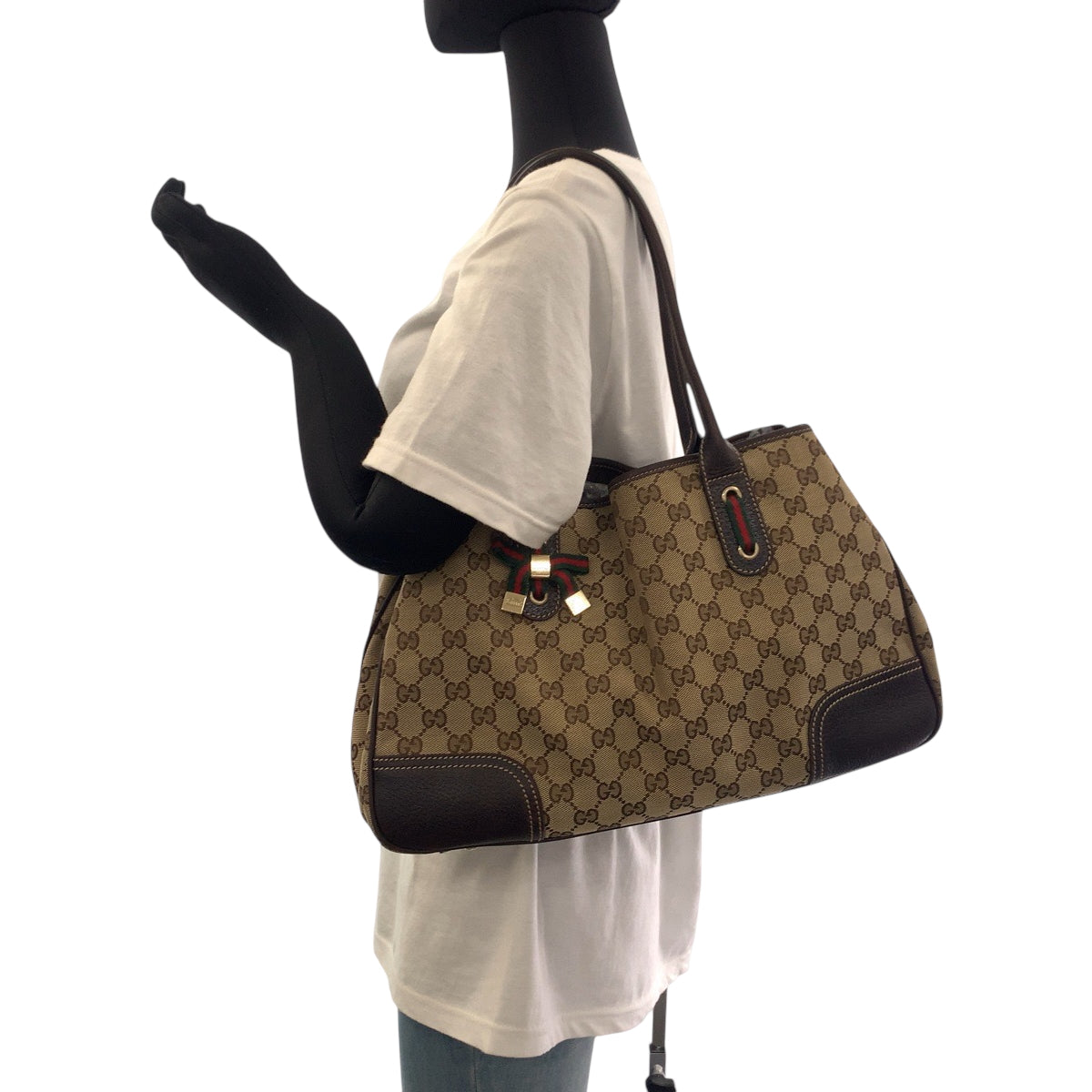 19169
GUCCI グッチ シェリーライン プリンシー リボン ベージュ ブラウン ゴールド金具 GGキャンバス 163805 トートバッグ ショルダーバッグ  レディース ABP41
