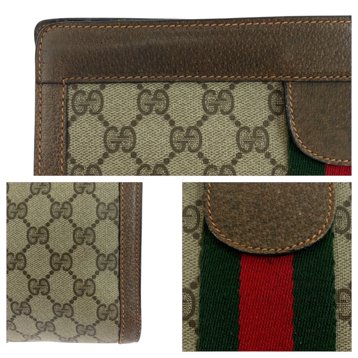 19174
GUCCI グッチ ヴィンテージ オールドグッチ シェリーライン ベージュ ブラウン レッド グリーン GGスプリームキャンバス 89 01 002 クラッチバッグ セカンドバッグ  レディース AB20