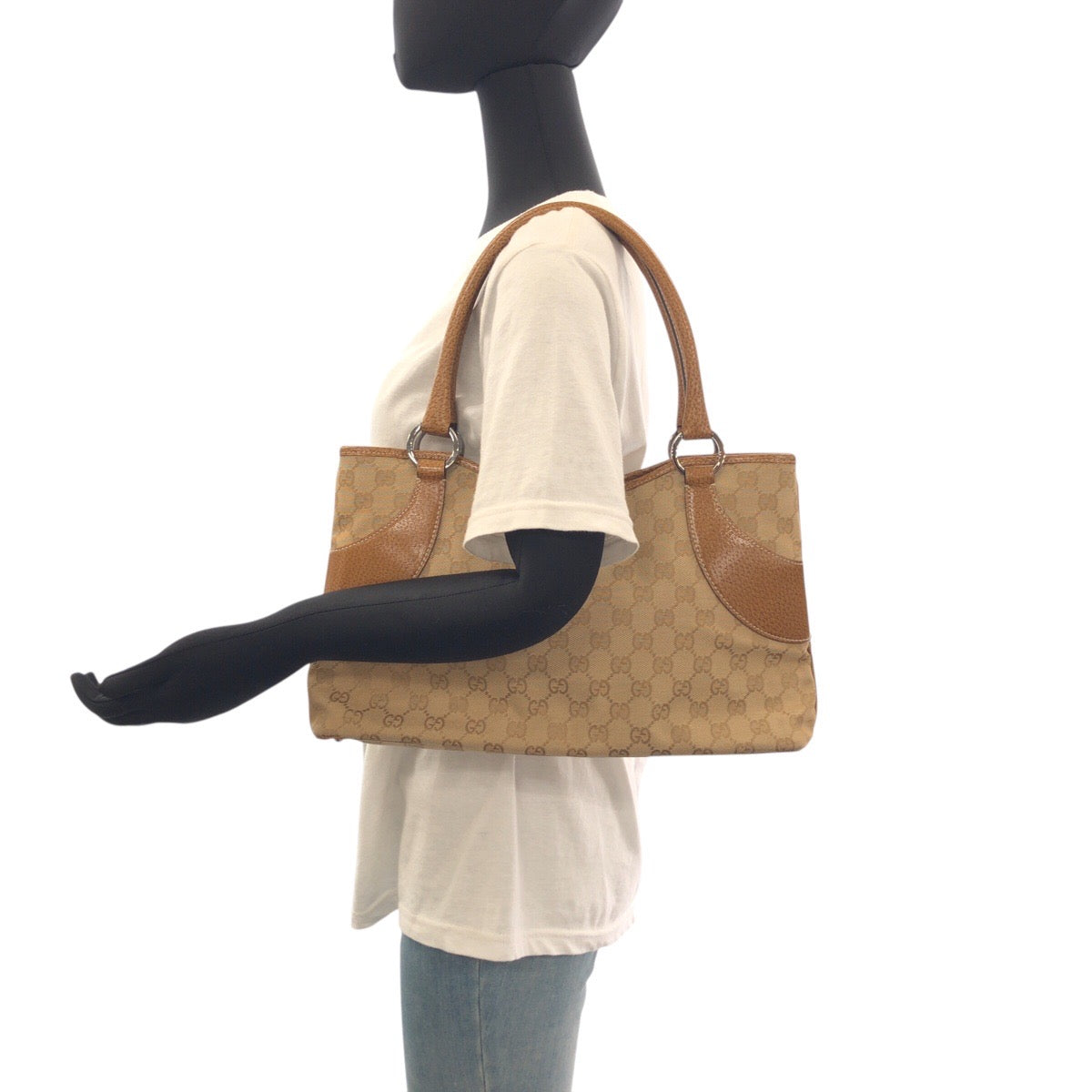 19196
GUCCI Brown Beige Silver Hardware GG Supreme Canvas / Leather 113015 Tote Bag Shoulder Bag Women's ABP38