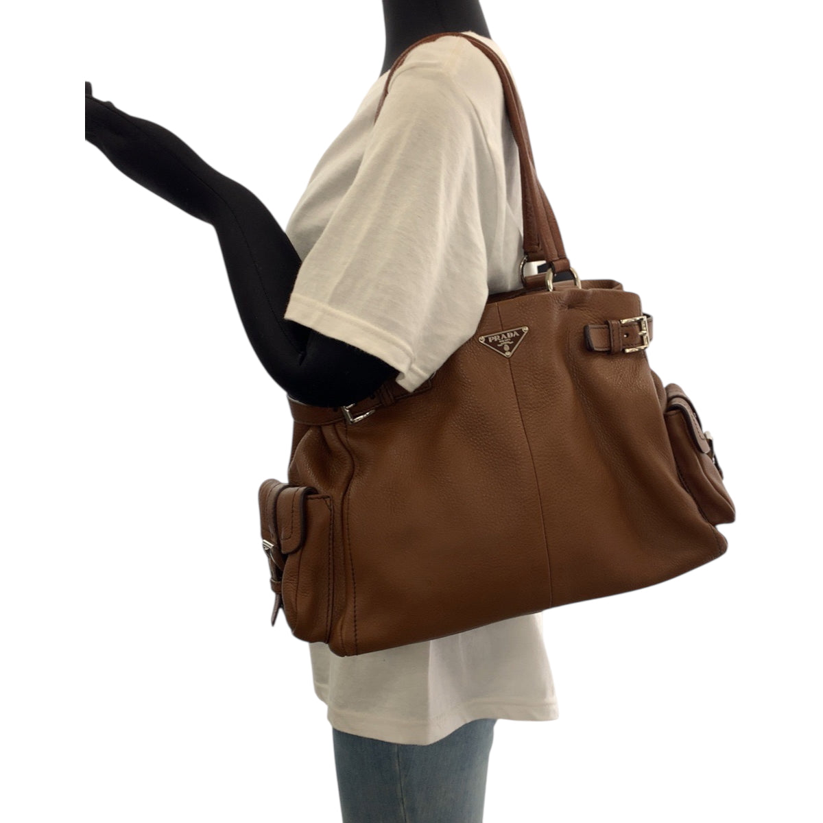 19203
PRADA プラダ ヴィッテロダイノ 三角ロゴプレート ブラウン シルバー金具 レザー BR3250 トートバッグ ショルダーバッグ  レディース A75