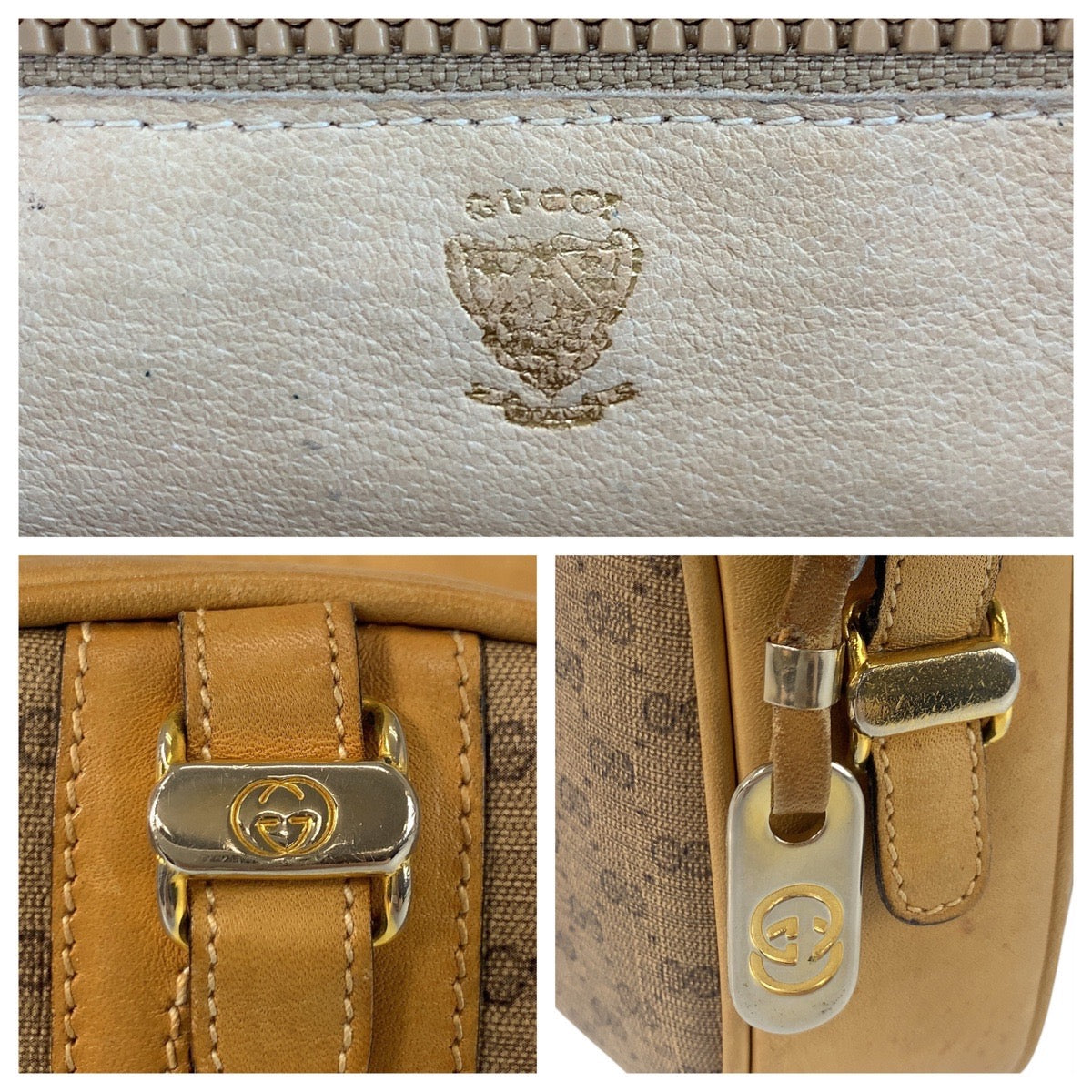 19208
GUCCI グッチ ヴィンテージ オールドグッチ マイクロGG ベージュ ゴールド金具 PVC / レザー ショルダーバッグ ポシェット レディース AB24