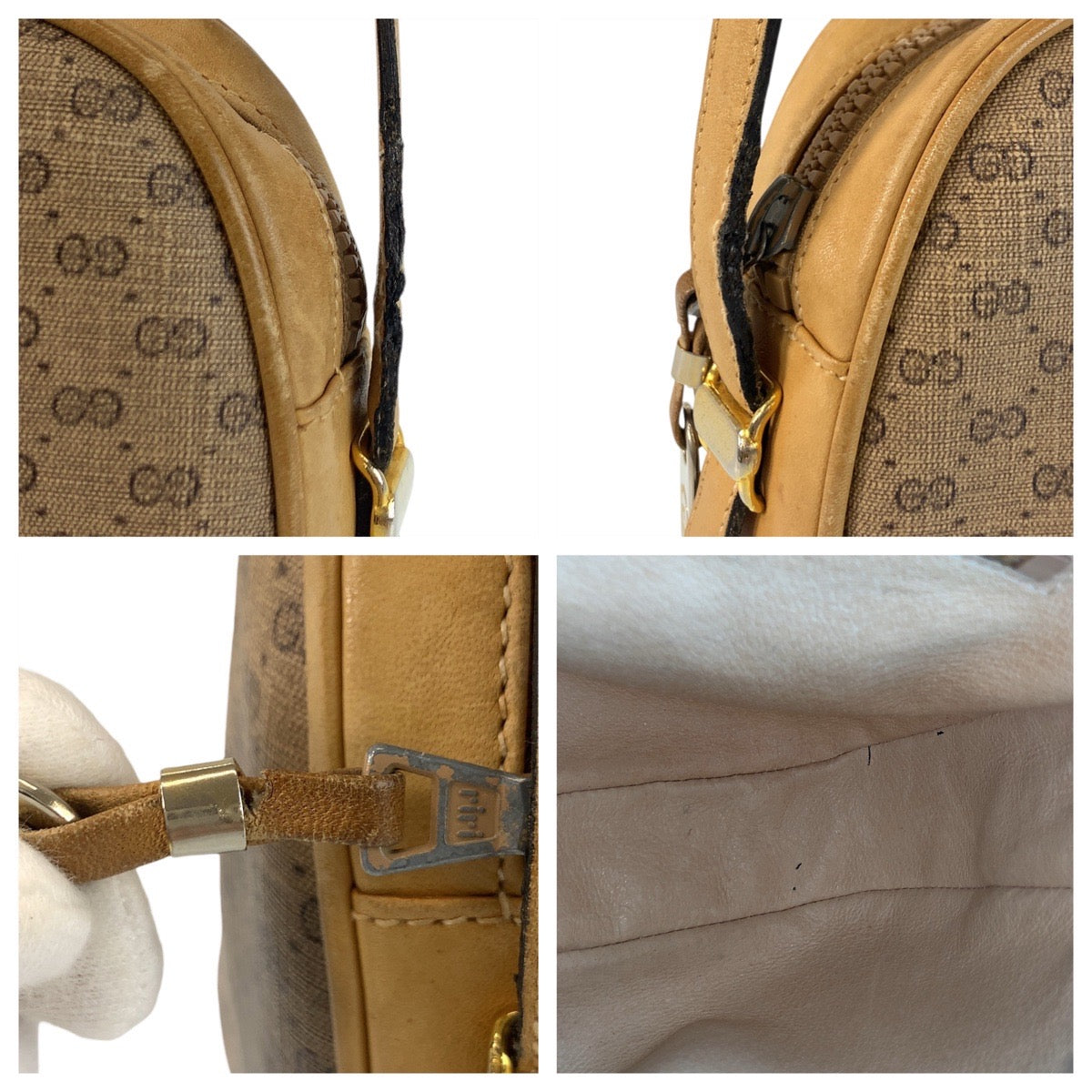 19208
GUCCI グッチ ヴィンテージ オールドグッチ マイクロGG ベージュ ゴールド金具 PVC / レザー ショルダーバッグ ポシェット レディース AB24