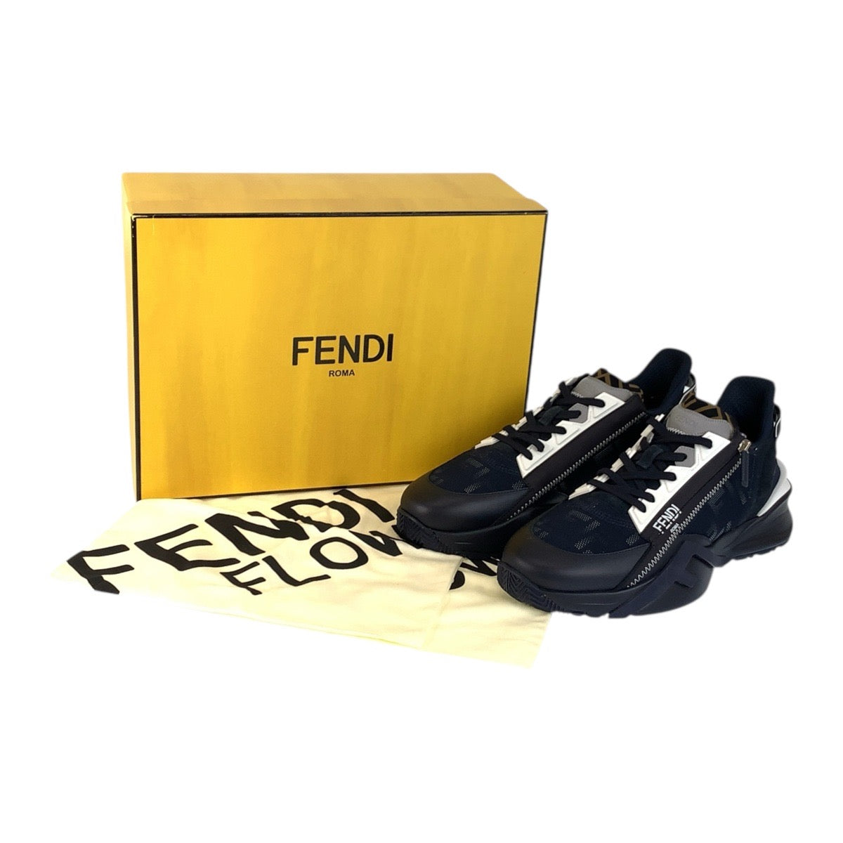 19234
FENDI フェンディ ズッカ 23AW FLOW サイズ表記11/30cm ネイビー マルチカラー ナイロン / ゴム スニーカー ローカット サイドジップ  メンズ N64