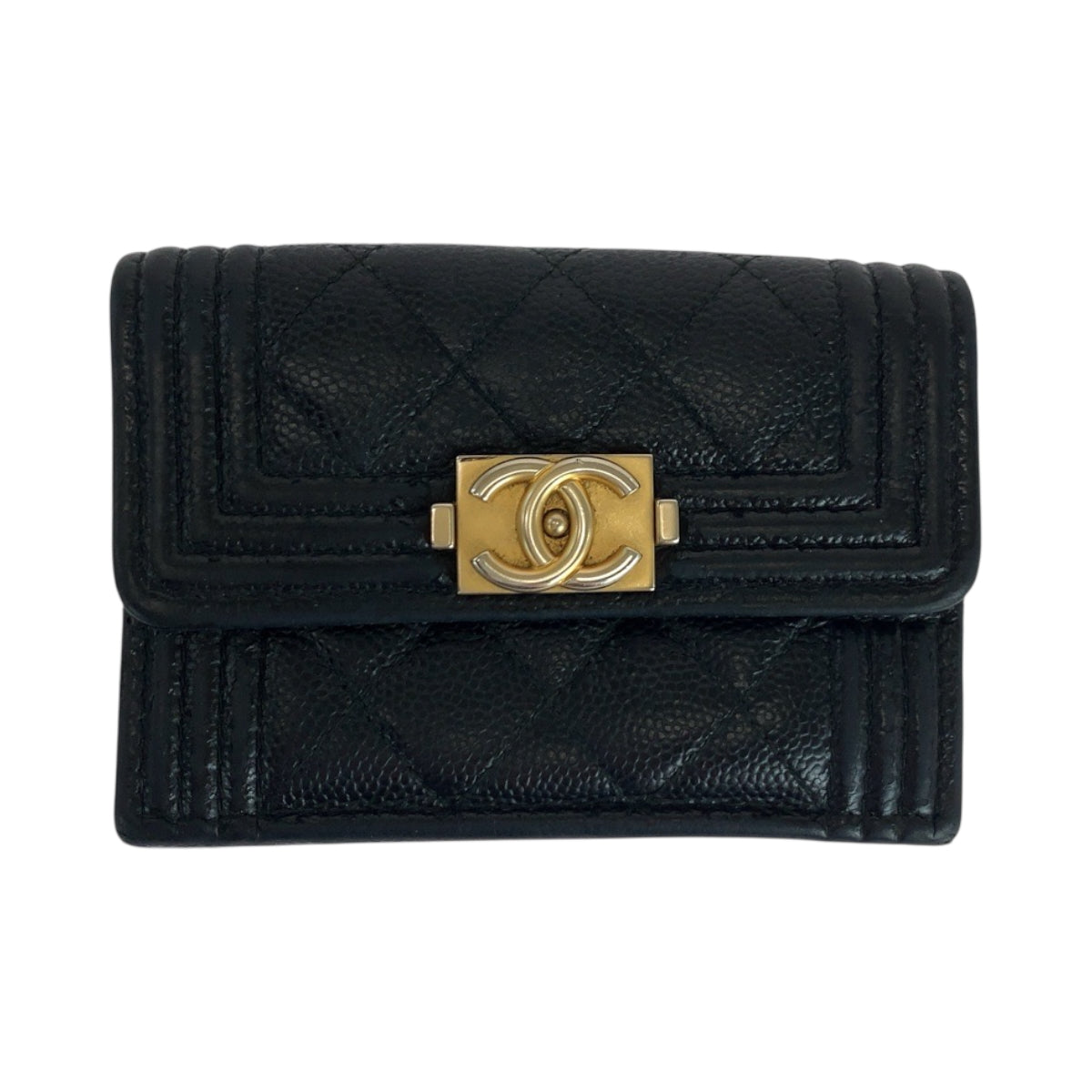 19257
CHANEL シャネル ボーイシャネル スモールフラップ ココマーク ブラック 黒 ゴールド金具 キャビアスキン 折財布 コンパクトウォレット  レディース AB41