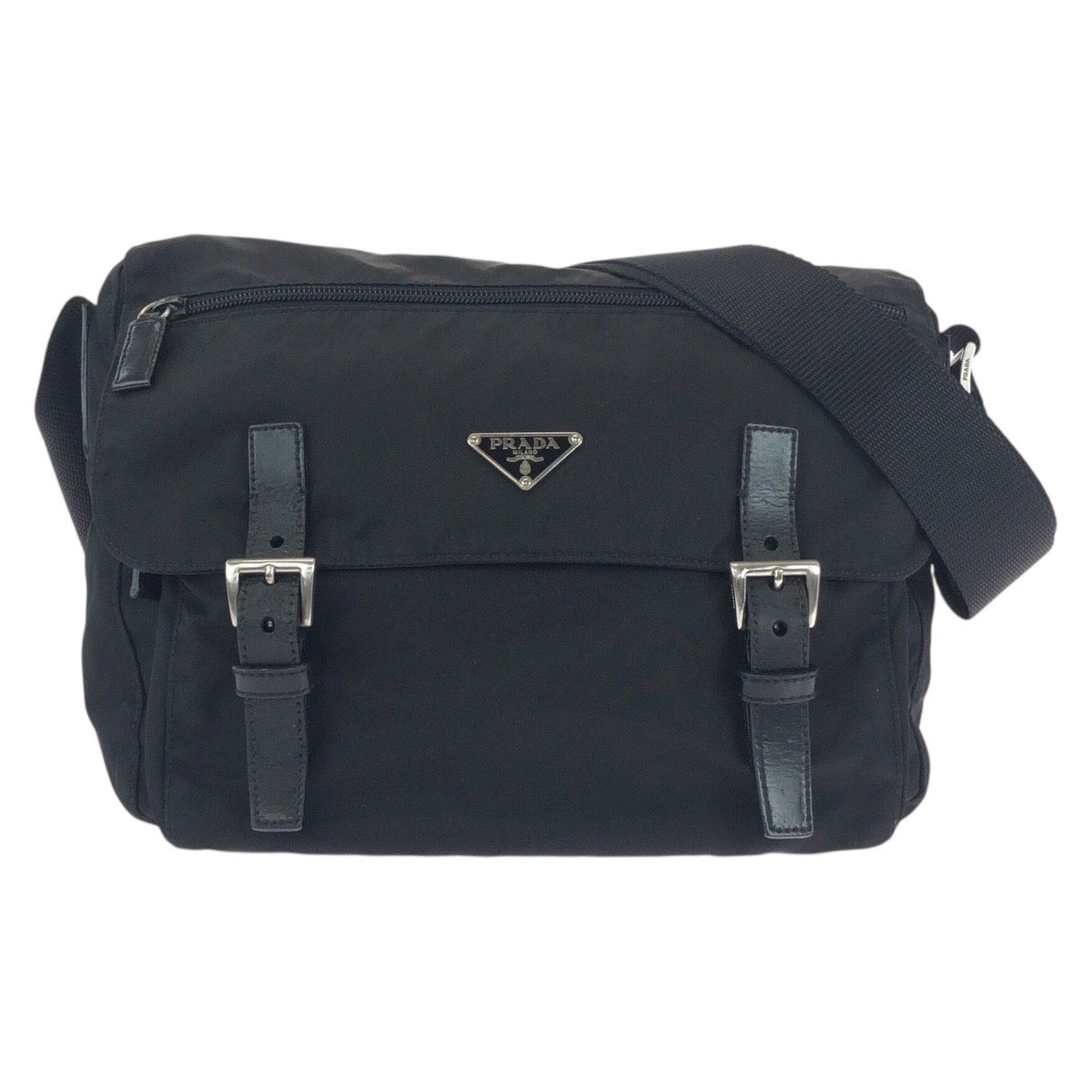 19259
PRADA プラダ テスート 三角ロゴプレート ブラック 黒 シルバー金具 ナイロン / レザー ショルダーバッグ ポシェット  レディース AB34