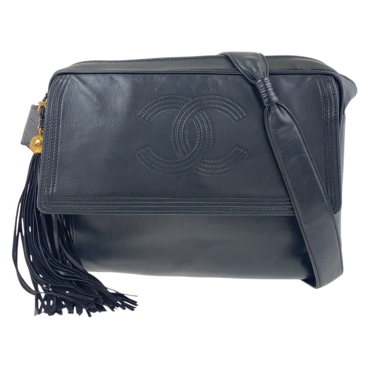 19285
CHANEL シャネル ヴィンテージ ココマーク フリンジ ブラック 黒 ゴールド金具 レザー ショルダーバッグ ポシェット  レディース ABP117