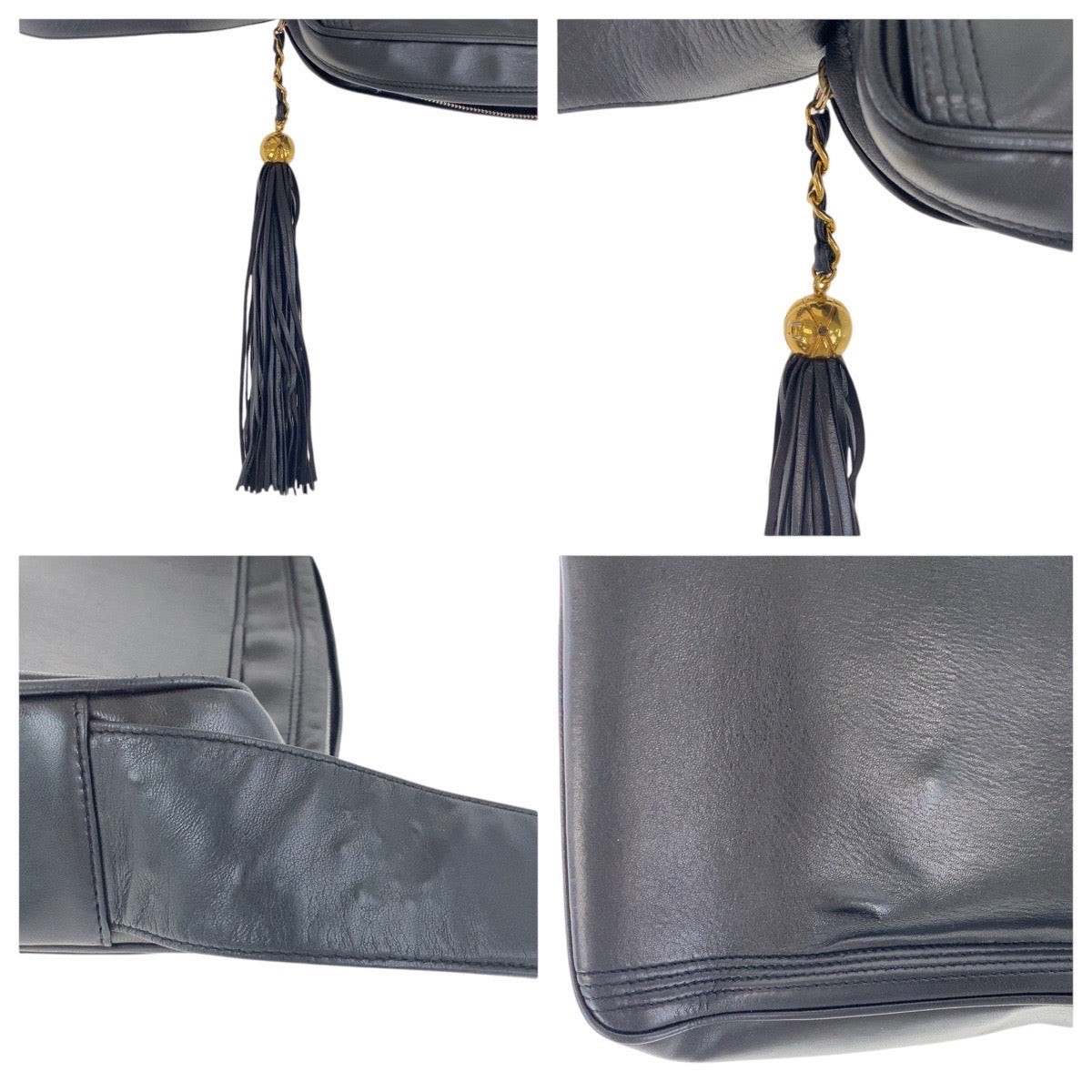 19285
CHANEL シャネル ヴィンテージ ココマーク フリンジ ブラック 黒 ゴールド金具 レザー ショルダーバッグ ポシェット  レディース ABP117