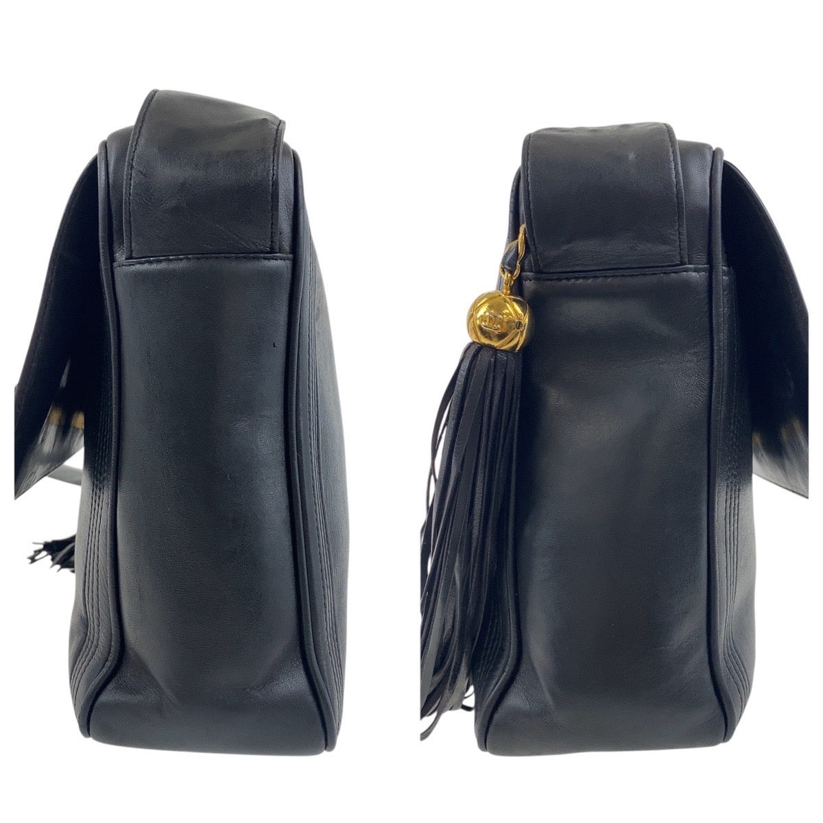 19285
CHANEL シャネル ヴィンテージ ココマーク フリンジ ブラック 黒 ゴールド金具 レザー ショルダーバッグ ポシェット  レディース ABP117