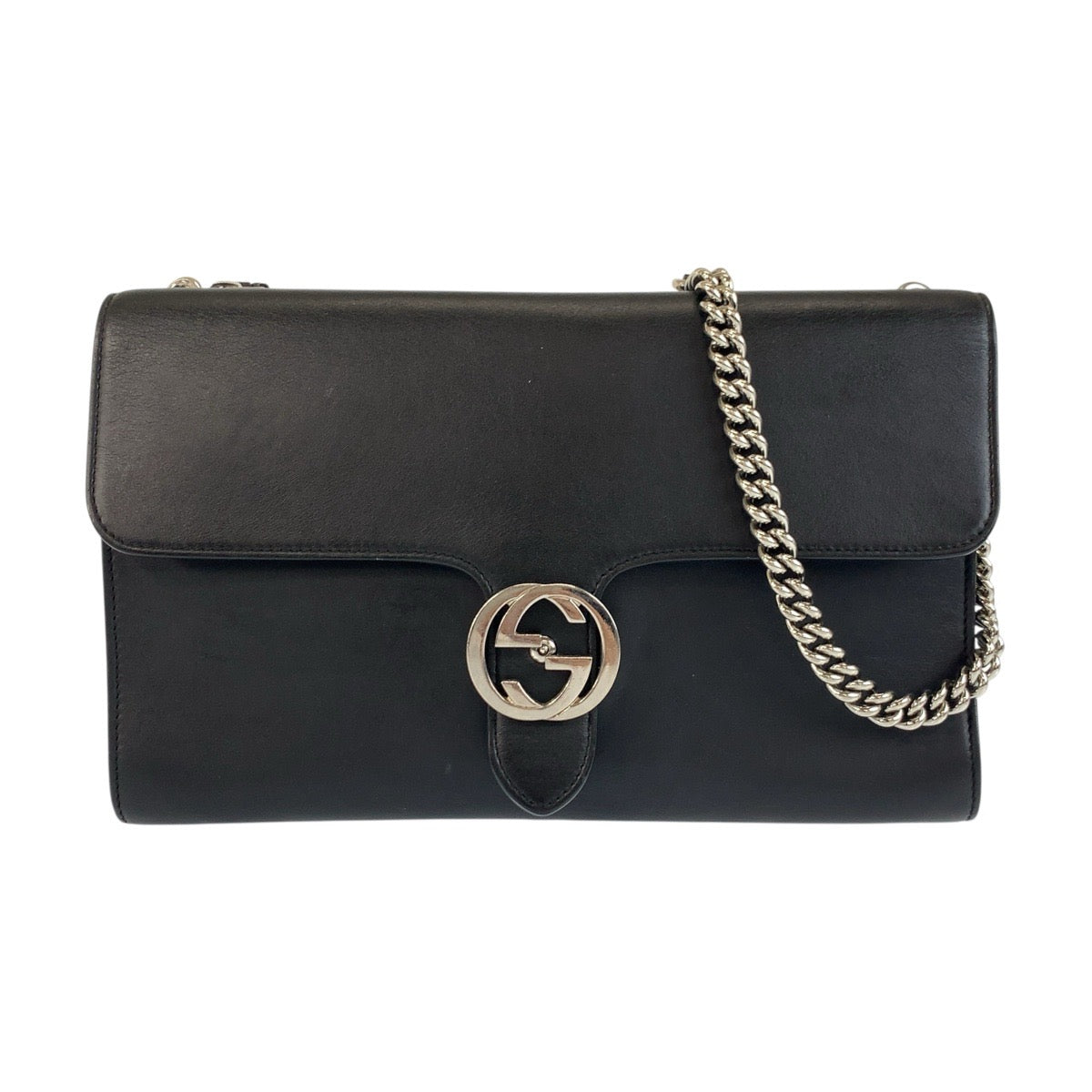 19308
GUCCI グッチ インターロッキング ブラック 黒 シルバー金具 レザー 387604 チェーンショルダーバッグ ポシェット レディース ABP82