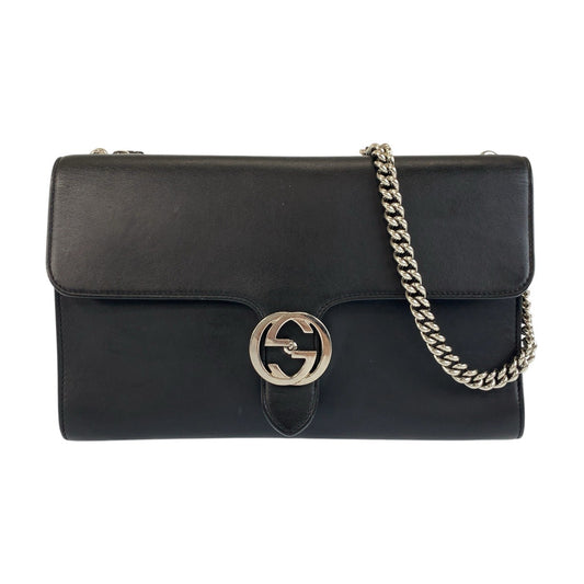 19308
GUCCI グッチ インターロッキング ブラック 黒 シルバー金具 レザー 387604 チェーンショルダーバッグ ポシェット レディース ABP82