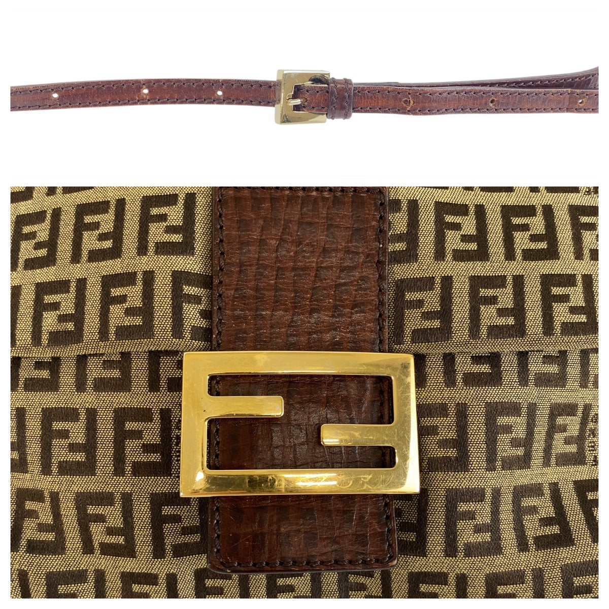 19313
FENDI フェンディ ズッキーノ ベージュ ブラウン ゴールド金具 キャンバス / レザー 8BT075 ショルダーバッグ ポシェット レディース AB41