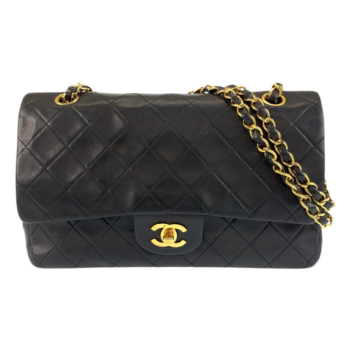 19314
CHANEL シャネル ヴィンテージ マトラッセ25 ダブルフラップ ココマーク ターンロック ブラック 黒 ゴールド金具 ラムスキン チェーンショルダーバッグ  レディース AB350