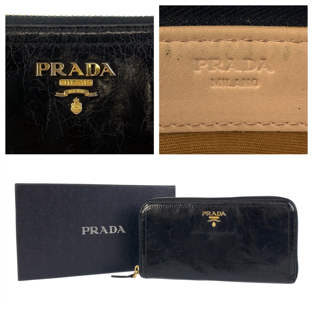 19325
PRADA プラダ ロゴ ブラック 黒 ゴールド金具 レザー 長財布 ロングウォレット  レディース AB10