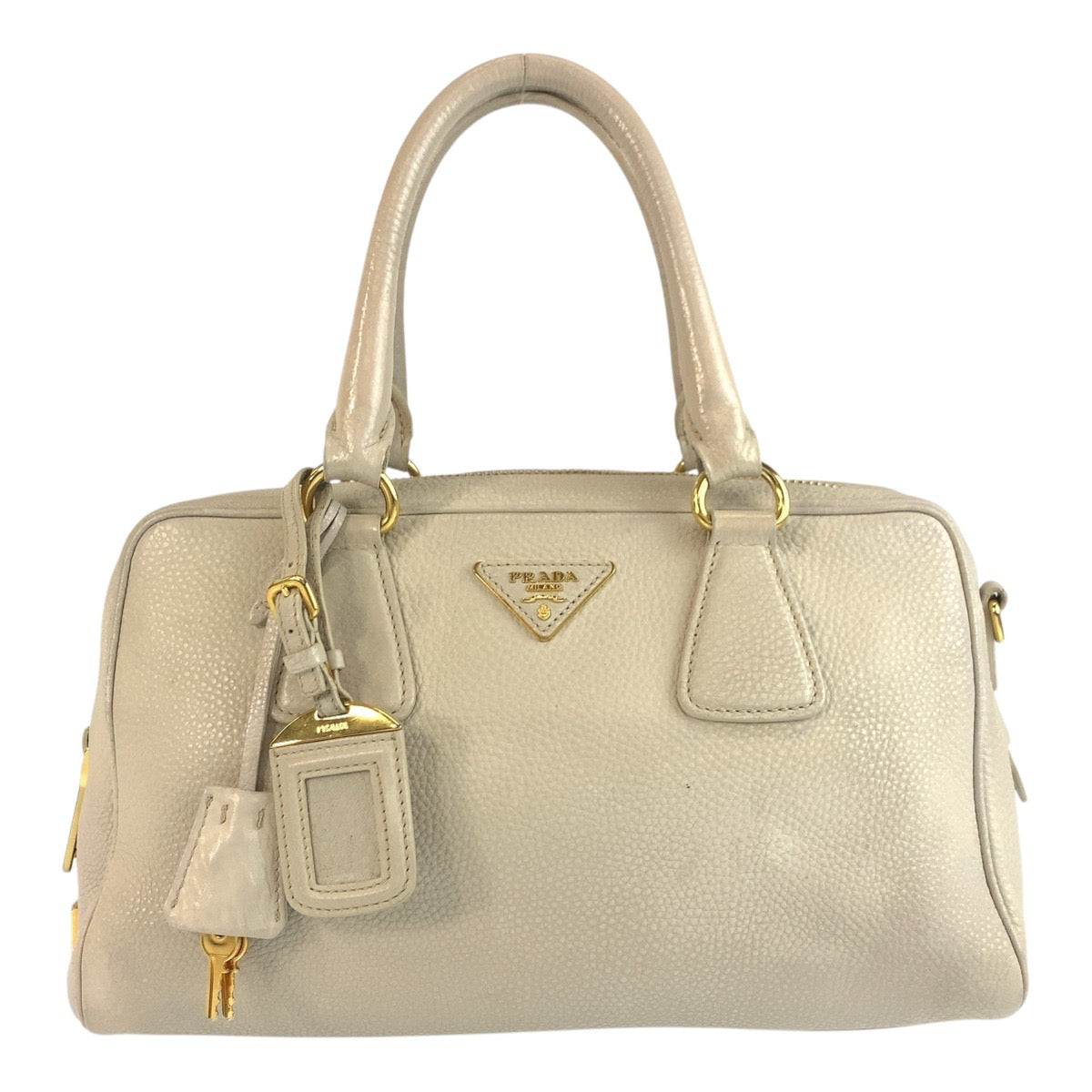 19337
PRADA プラダ ヴィッテロダイノ 三角ロゴプレート ベージュ アイボリー ゴールド金具 レザー ハンドバッグ ミニボストンバッグ  レディース ABP52