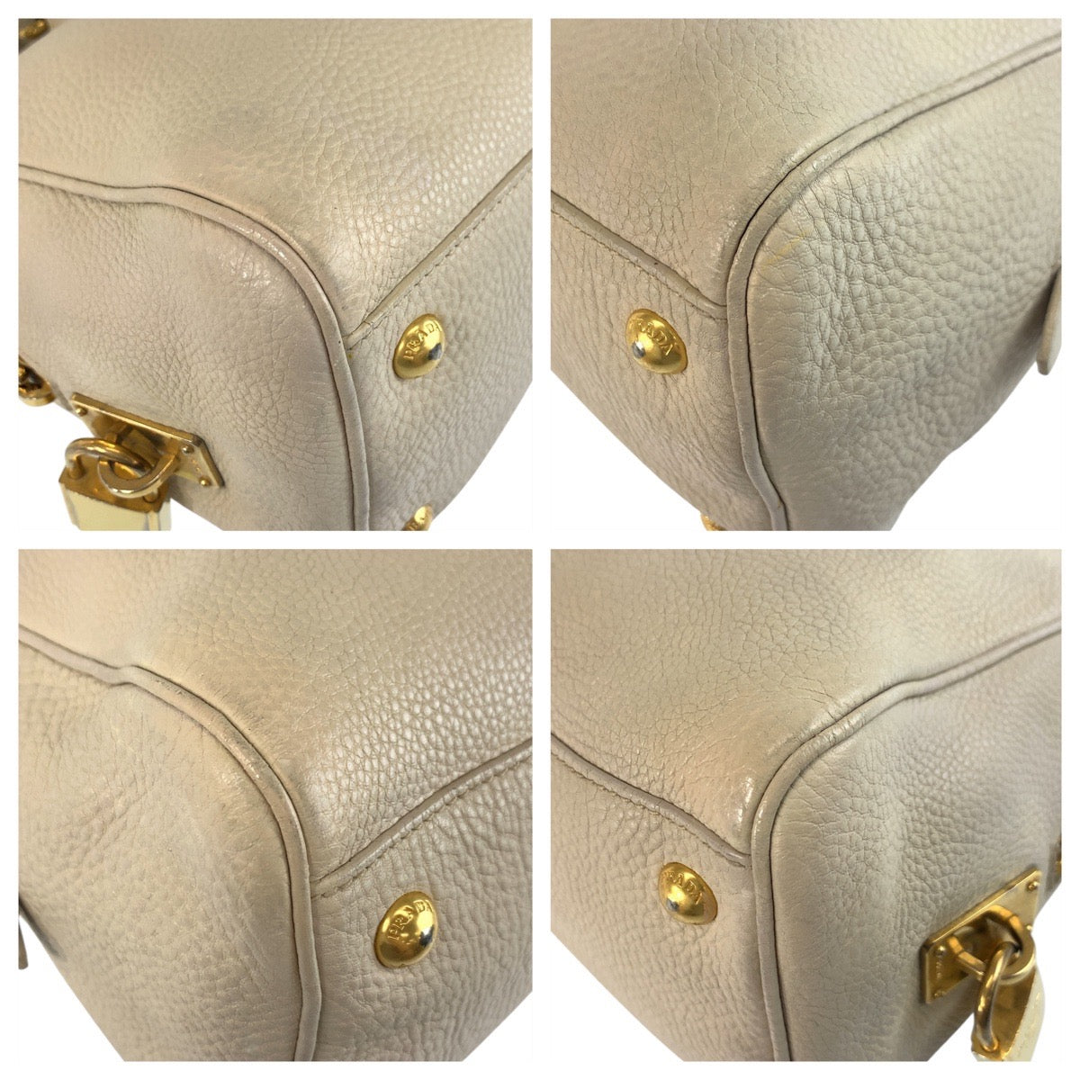 19337
PRADA プラダ ヴィッテロダイノ 三角ロゴプレート ベージュ アイボリー ゴールド金具 レザー ハンドバッグ ミニボストンバッグ  レディース ABP52