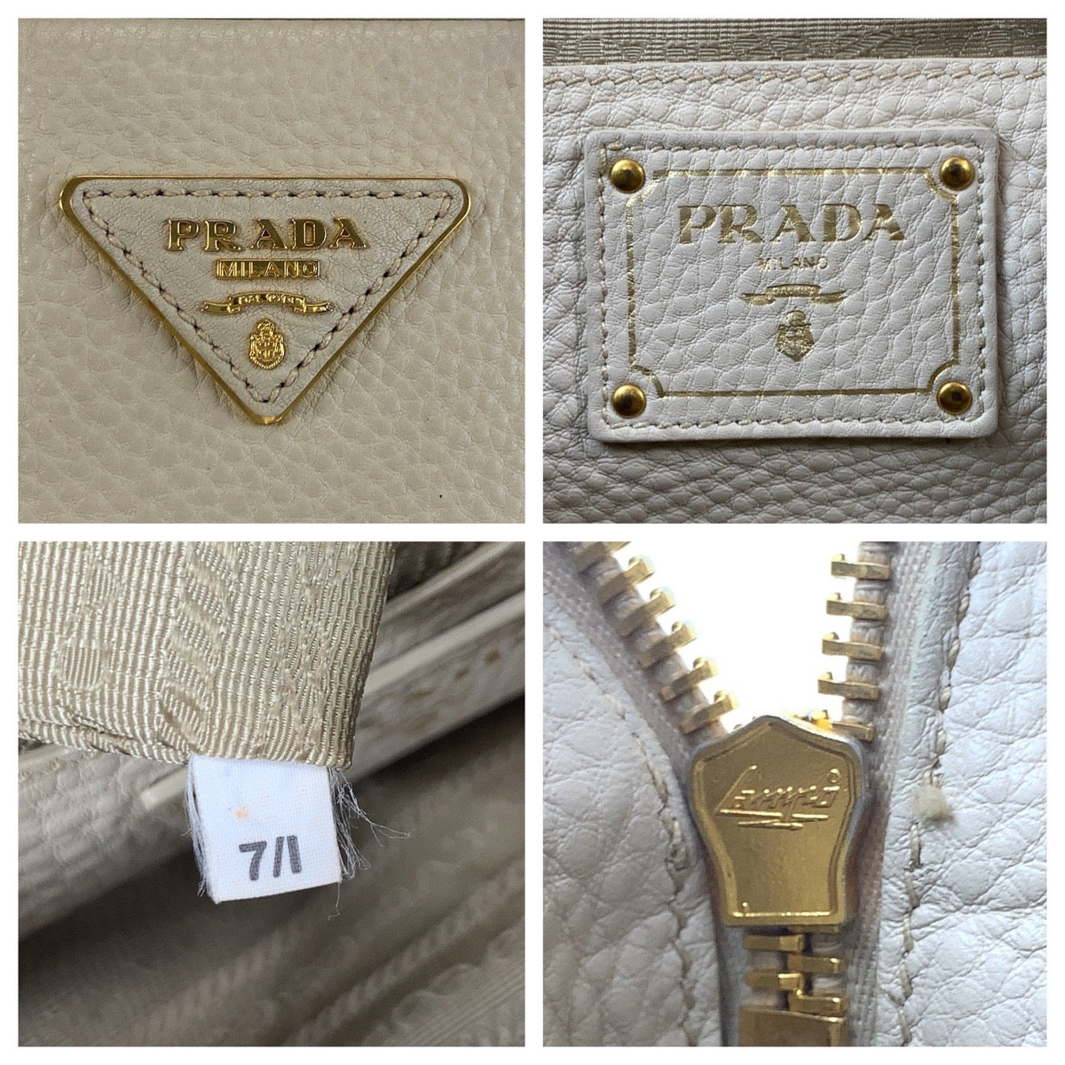 19337
PRADA プラダ ヴィッテロダイノ 三角ロゴプレート ベージュ アイボリー ゴールド金具 レザー ハンドバッグ ミニボストンバッグ  レディース ABP52