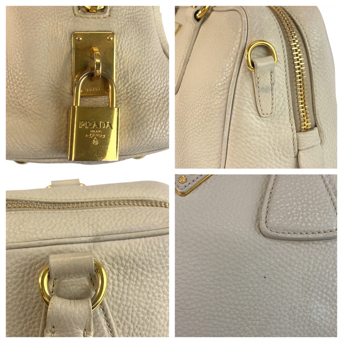 19337
PRADA プラダ ヴィッテロダイノ 三角ロゴプレート ベージュ アイボリー ゴールド金具 レザー ハンドバッグ ミニボストンバッグ  レディース ABP52