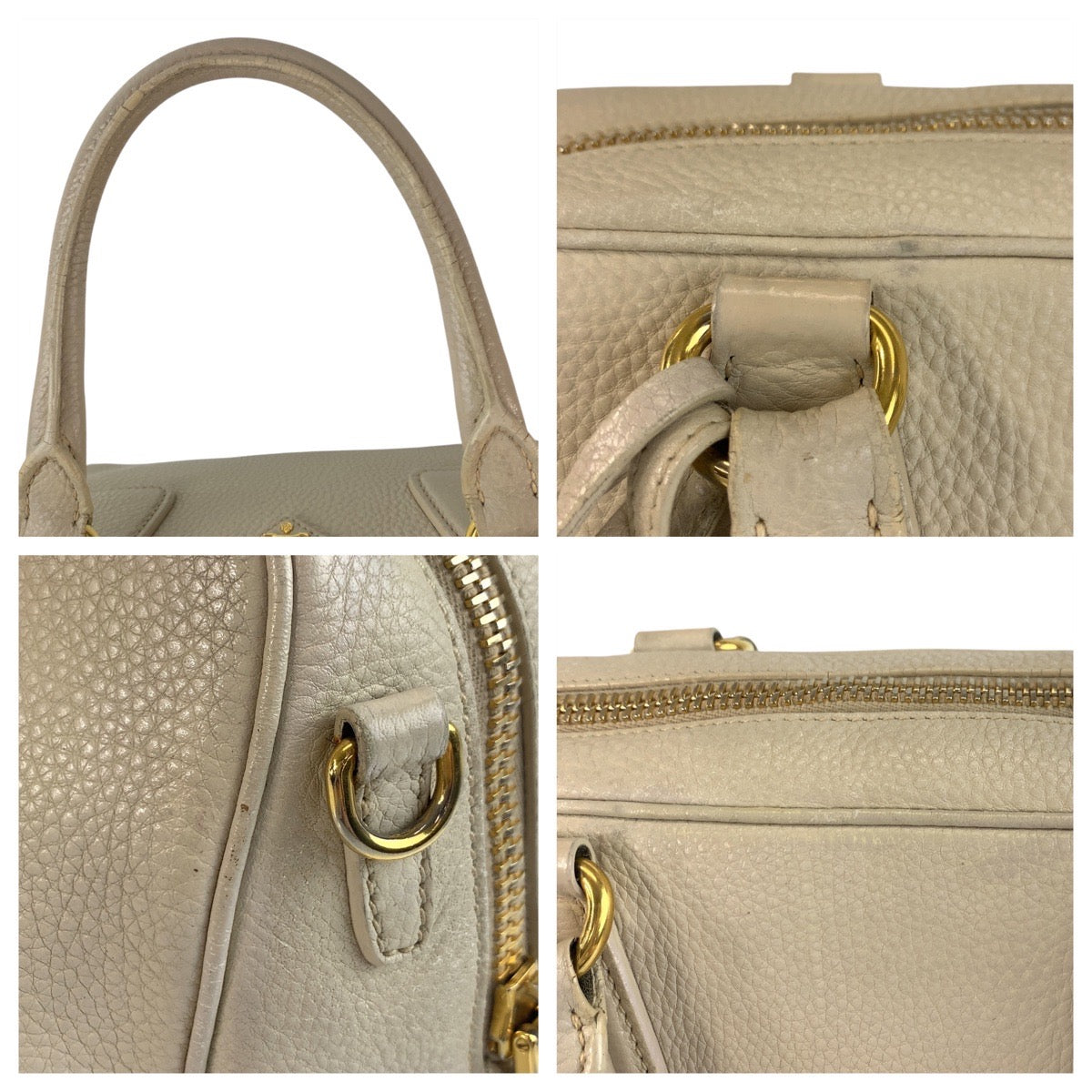 19337
PRADA プラダ ヴィッテロダイノ 三角ロゴプレート ベージュ アイボリー ゴールド金具 レザー ハンドバッグ ミニボストンバッグ  レディース ABP52