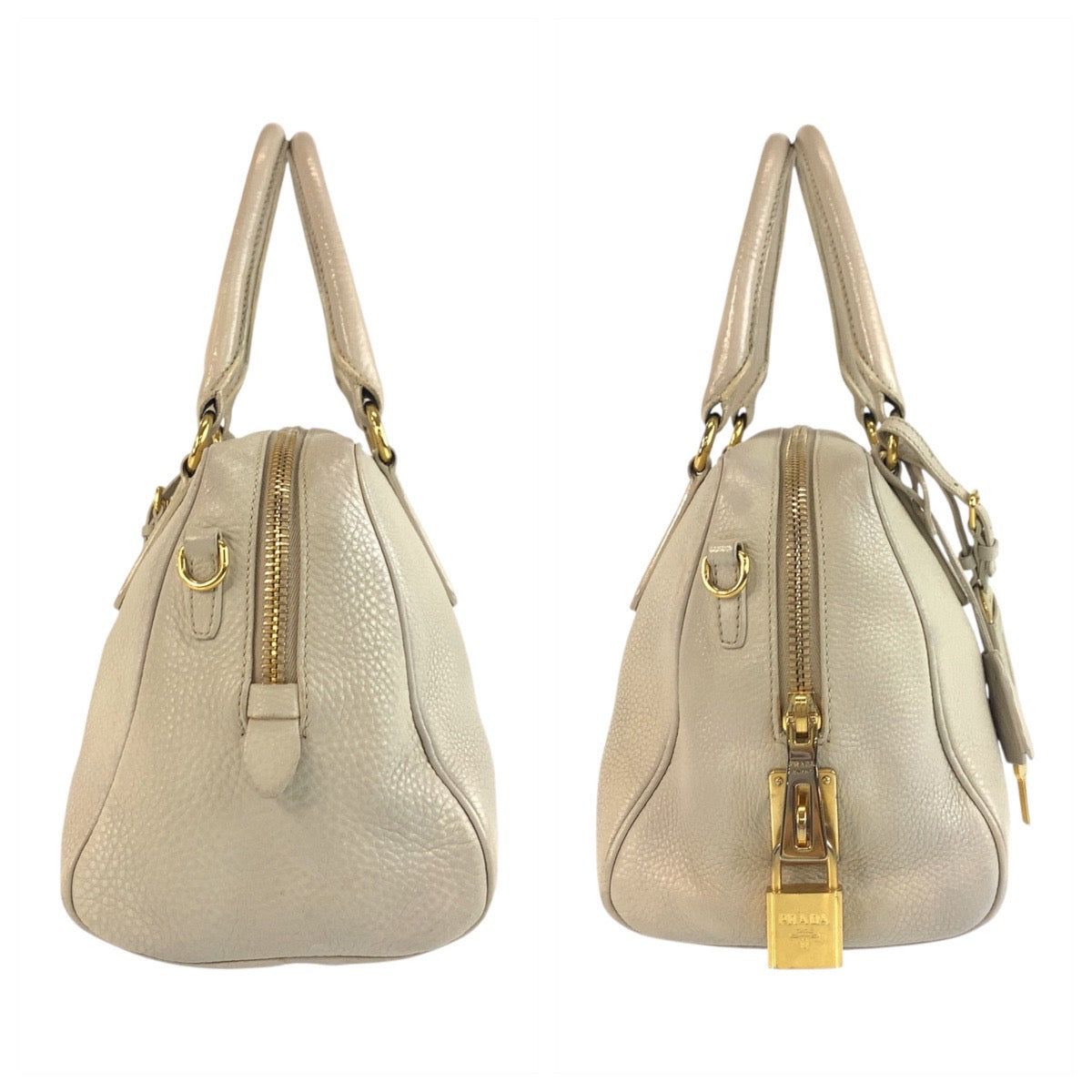 19337
PRADA プラダ ヴィッテロダイノ 三角ロゴプレート ベージュ アイボリー ゴールド金具 レザー ハンドバッグ ミニボストンバッグ  レディース ABP52