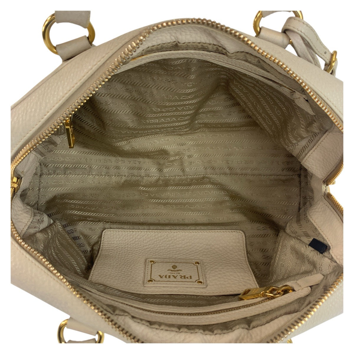 19337
PRADA プラダ ヴィッテロダイノ 三角ロゴプレート ベージュ アイボリー ゴールド金具 レザー ハンドバッグ ミニボストンバッグ  レディース ABP52