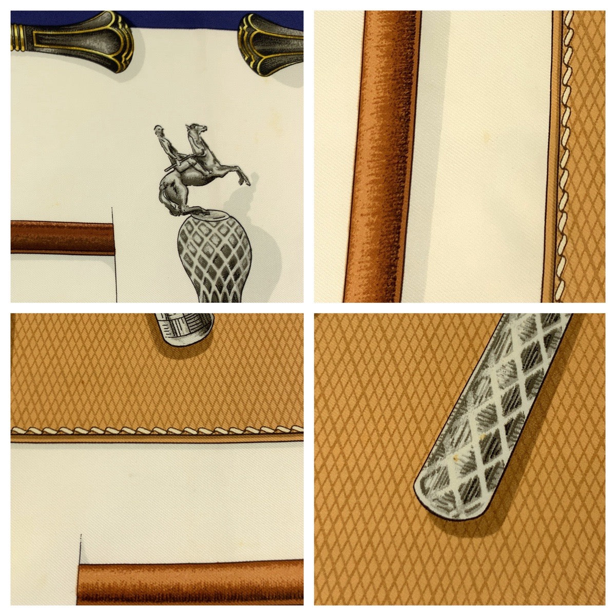 19343
HERMES エルメス CANNES＆POMMEAUX カレ90 ブルー アイボリー シルク スカーフ 大判スカーフ  レディース AB15
