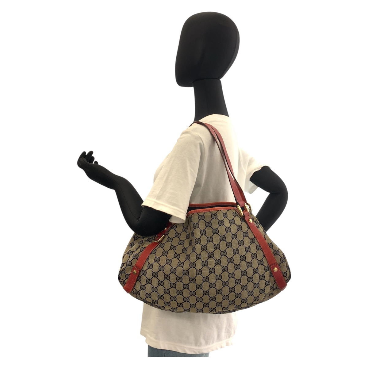 19345
GUCCI グッチ アビー グレー レッド ゴールド金具 GGキャンバス / レザー 130736 トートバッグ ショルダーバッグ  レディース AB20