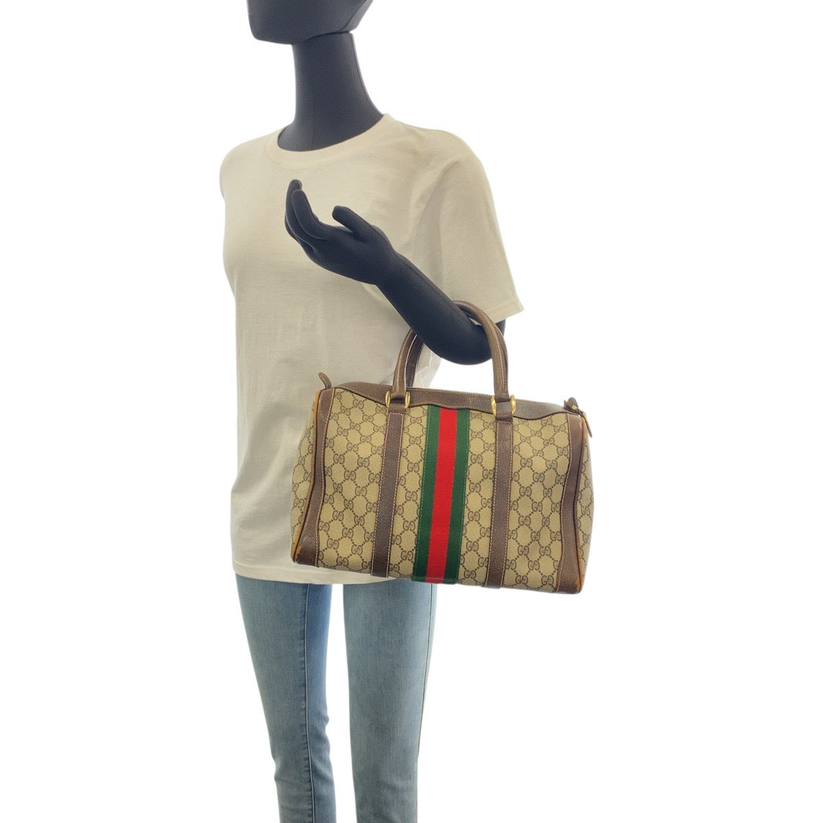 19351
GUCCI グッチ ヴィンテージ オールドグッチ シェリーライン ベージュ ブラウン ゴールド金具 GGスプリームキャンバス / レザー ハンドバッグ レディース AB31