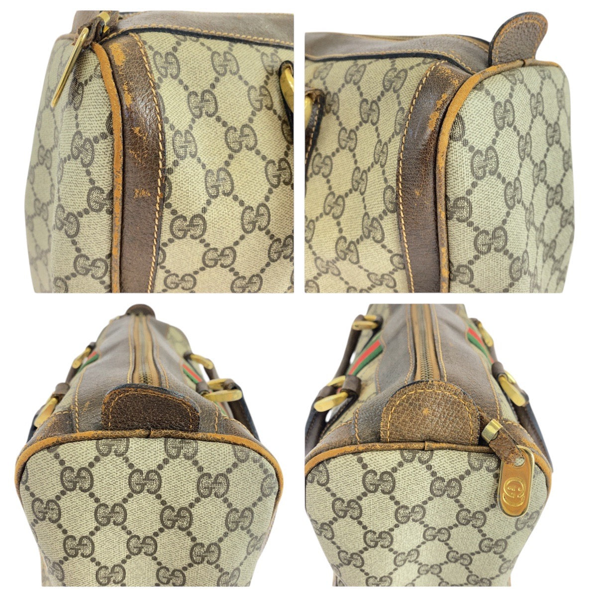 19351
GUCCI グッチ ヴィンテージ オールドグッチ シェリーライン ベージュ ブラウン ゴールド金具 GGスプリームキャンバス / レザー ハンドバッグ レディース AB31