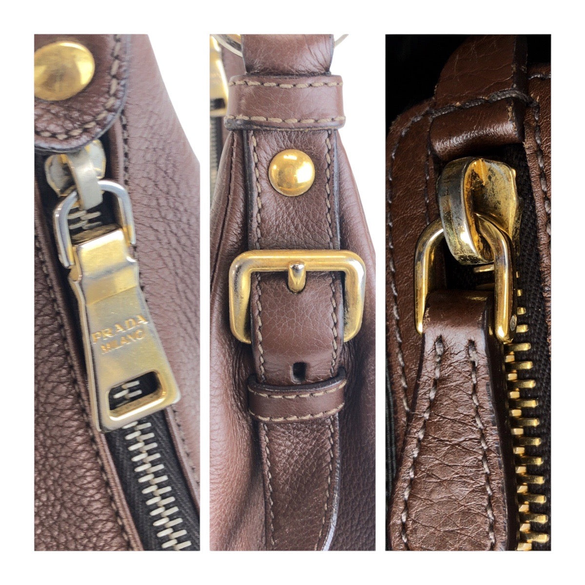 19361
PRADA プラダ ヴィッテロダイノ ブラウン ゴールド金具 レザー ショルダーバッグ ホーボー  レディース AB40