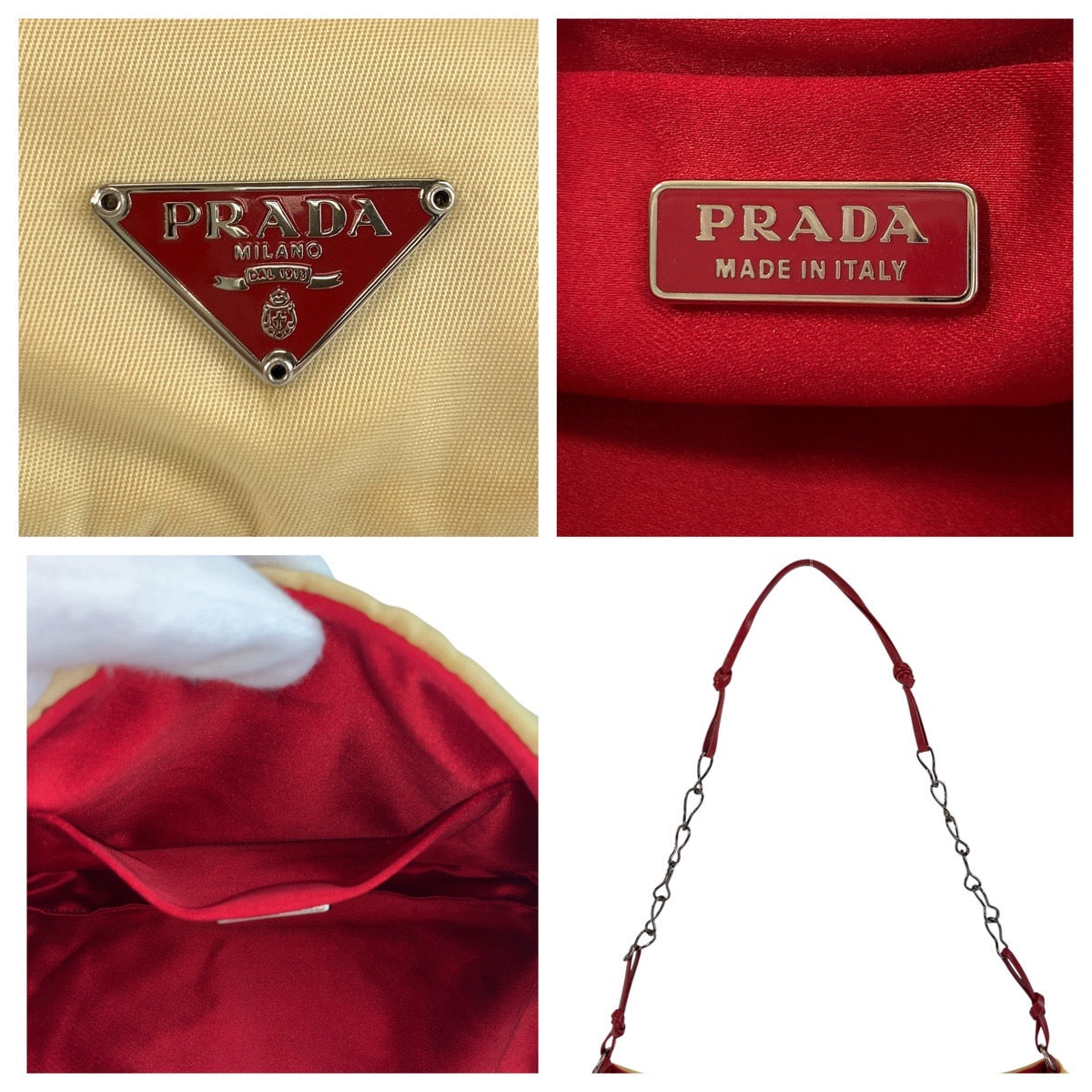 19363
PRADA プラダ 三角ロゴプレート ベージュ レッド シルバー金具 ナイロン / レザー ショルダーバッグ アクセサリーポーチ  レディース AB20