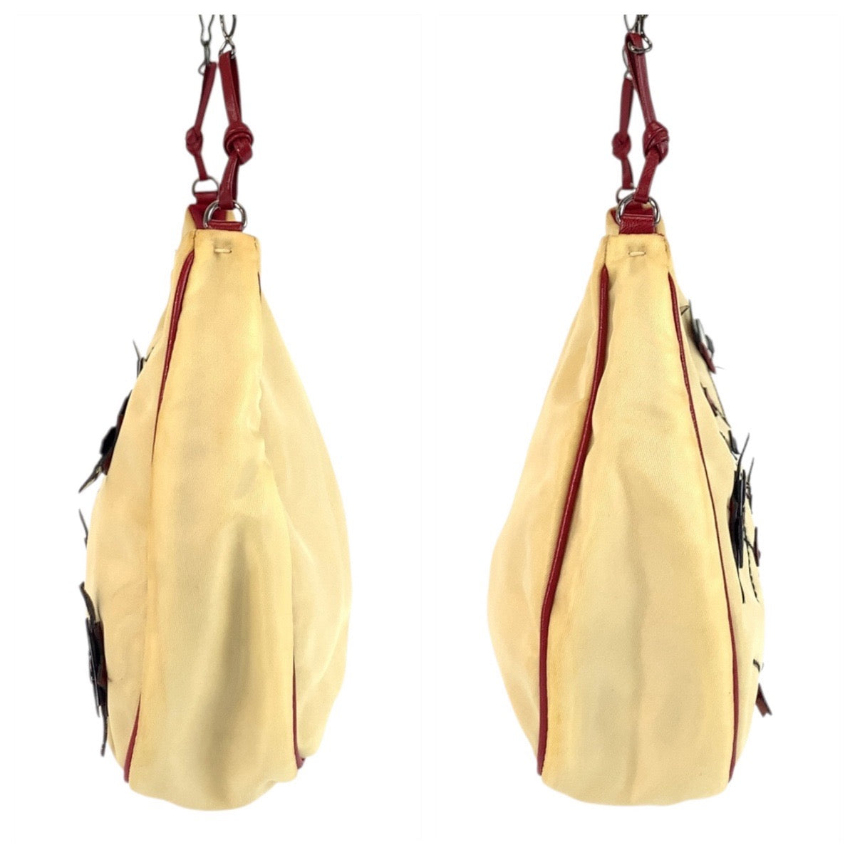 19363
PRADA プラダ 三角ロゴプレート ベージュ レッド シルバー金具 ナイロン / レザー ショルダーバッグ アクセサリーポーチ  レディース AB20