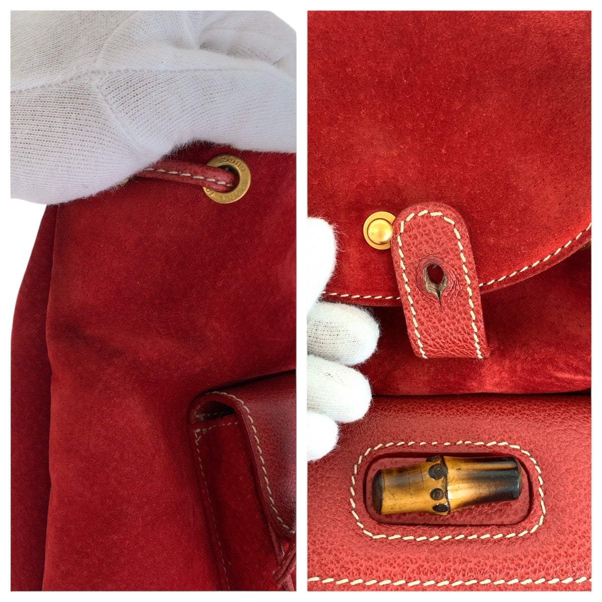 19366
GUCCI Vintage Bamboo Red Gold Hardware Suede / Leather 003 2034 0030 Backpack Daypack Women's ABP38