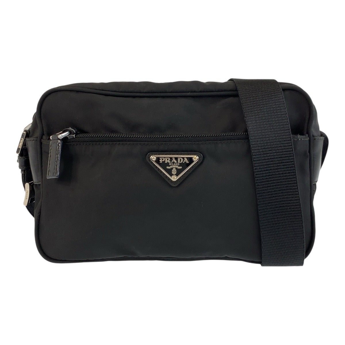 19376
PRADA プラダ テスート 三角ロゴプレート ブラック 黒 シルバー金具 ナイロン ショルダーバッグ カメラバッグ ポシェット  メンズ ABP45