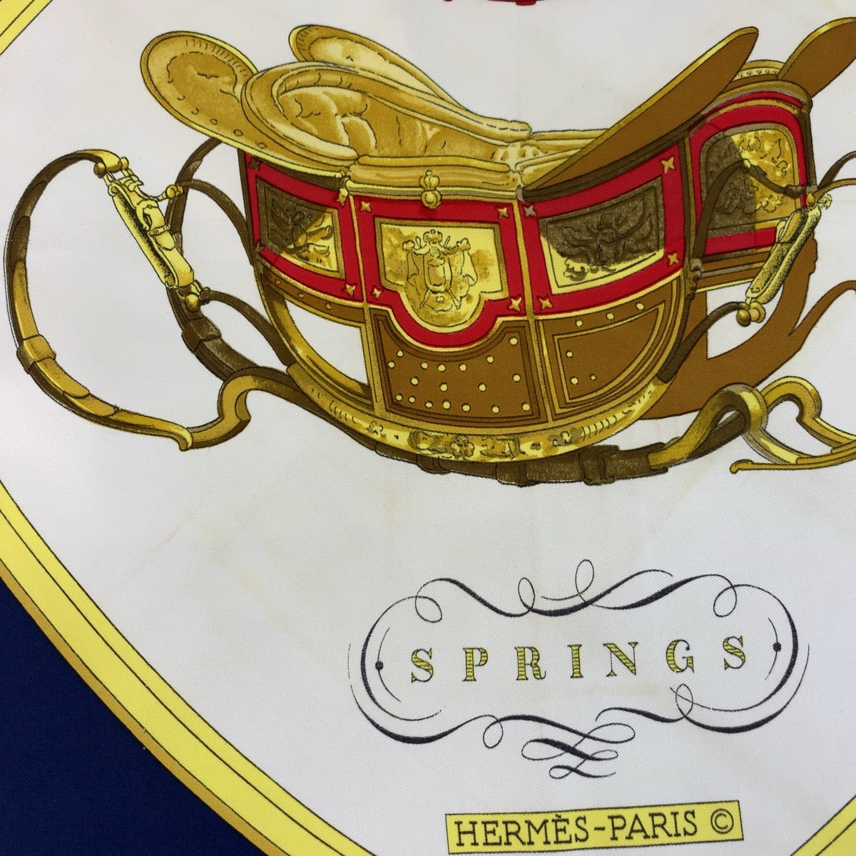 19381
HERMES エルメス SPRINGS カレ90 ネイビー マルチカラー シルク スカーフ 大判スカーフ  レディース AB15