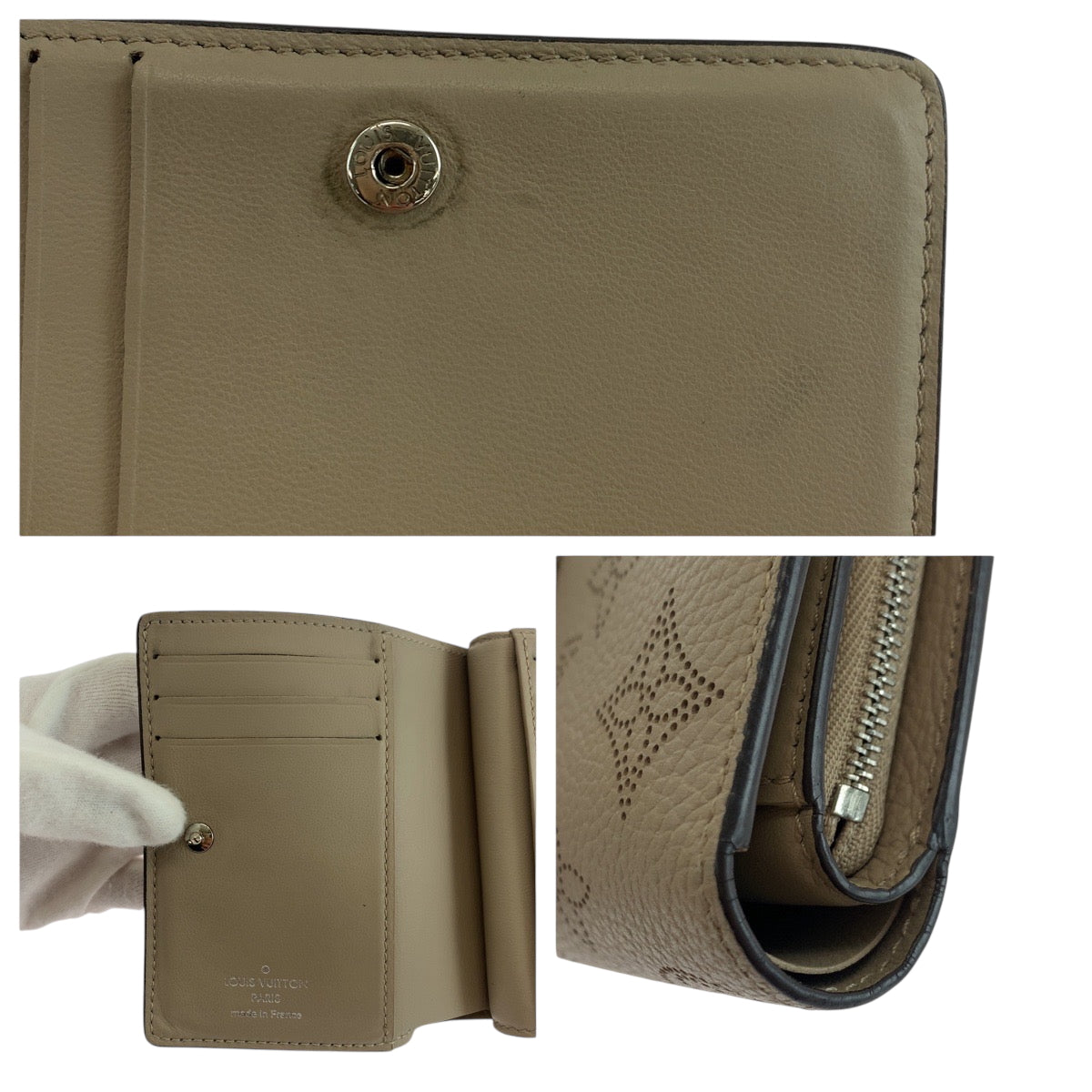 19386
LOUIS VUITTON ルイヴィトン モノグラム マヒナ ポルトフォイユ クレア ガレ ベージュ シルバー金具 レザー M80817 折財布 コンパクトウォレット  レディース ABP50