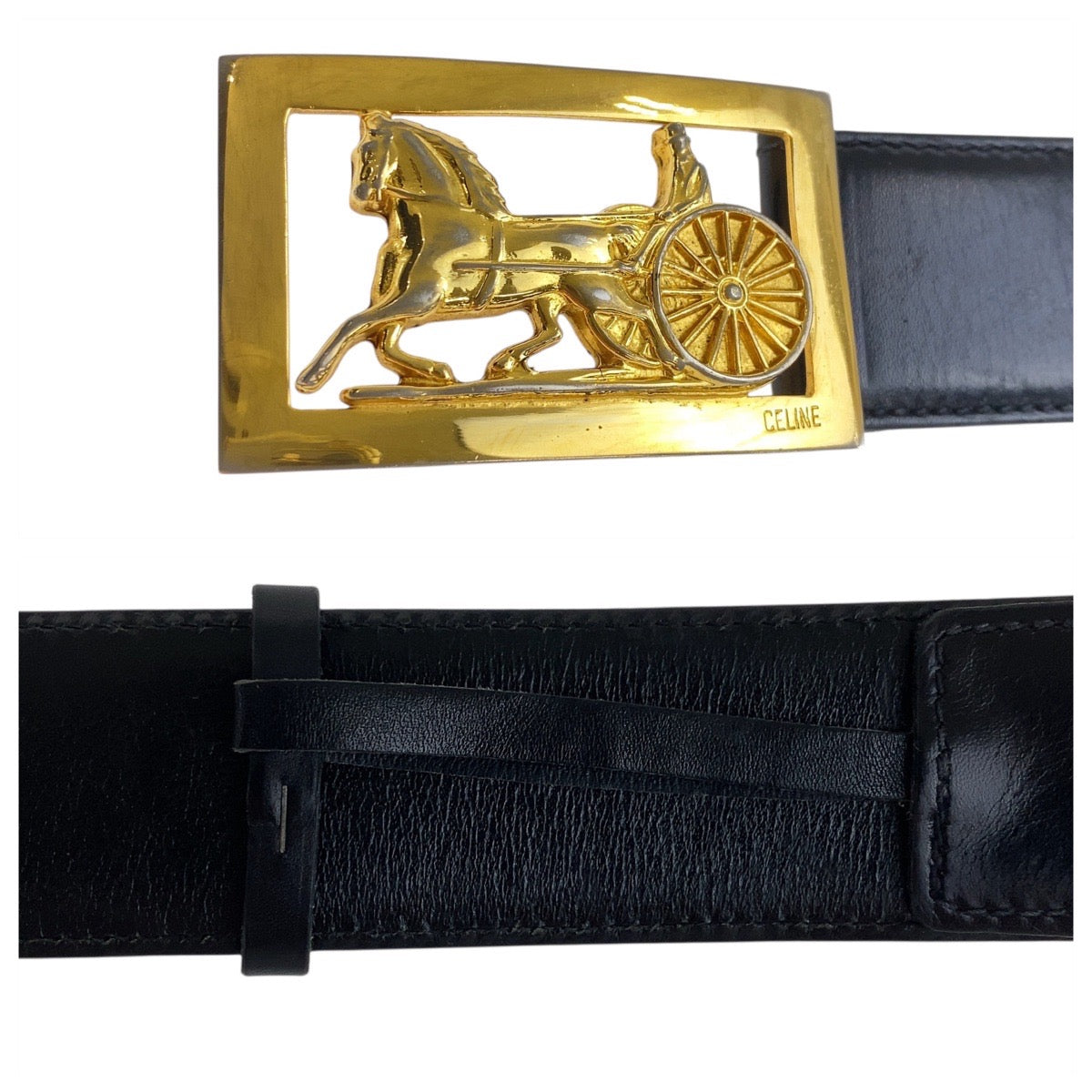 19398
CELINE セリーヌ ヴィンテージ 馬車金具 85cm ブラック 黒 ゴールド金具 レザー ベルト  メンズ AB17