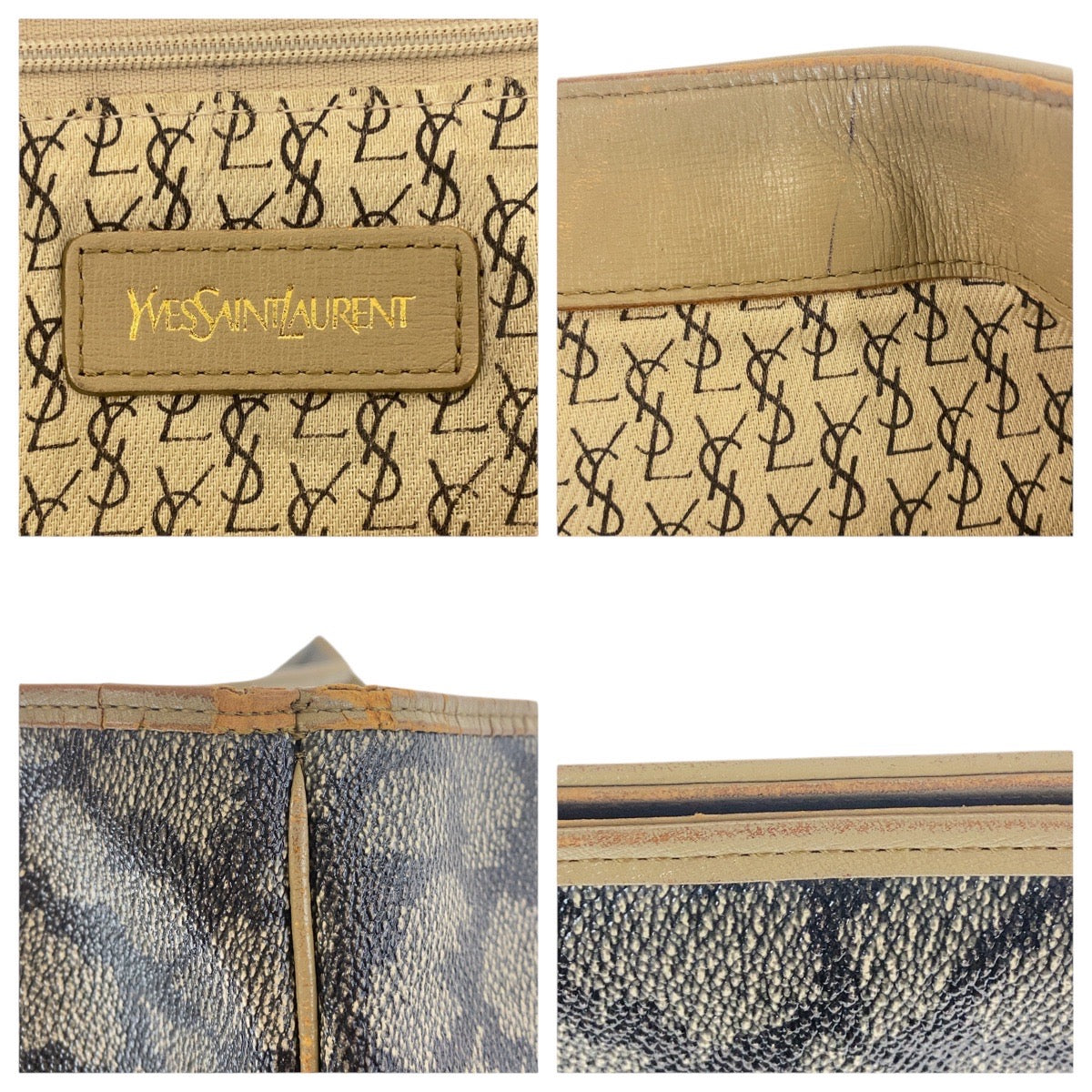 19405
YVES SAINT LAURENT イヴ サンローラン ヴィンテージ YSL ブラウン ベージュ PVC トートバッグ ショルダーバッグ  レディース B6