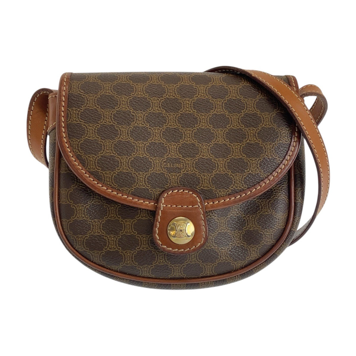 19478
CELINE セリーヌ ヴィンテージ マカダム ブラウン ゴールド金具 PVC / レザー M06 ショルダーバッグ ポシェット レディース ABP34