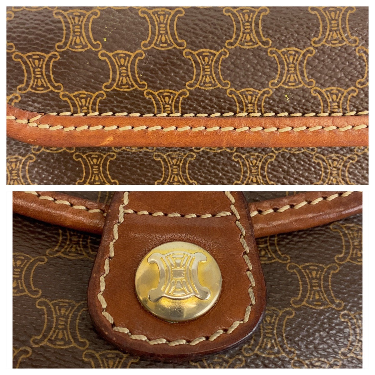 19478
CELINE セリーヌ ヴィンテージ マカダム ブラウン ゴールド金具 PVC / レザー M06 ショルダーバッグ ポシェット レディース ABP34