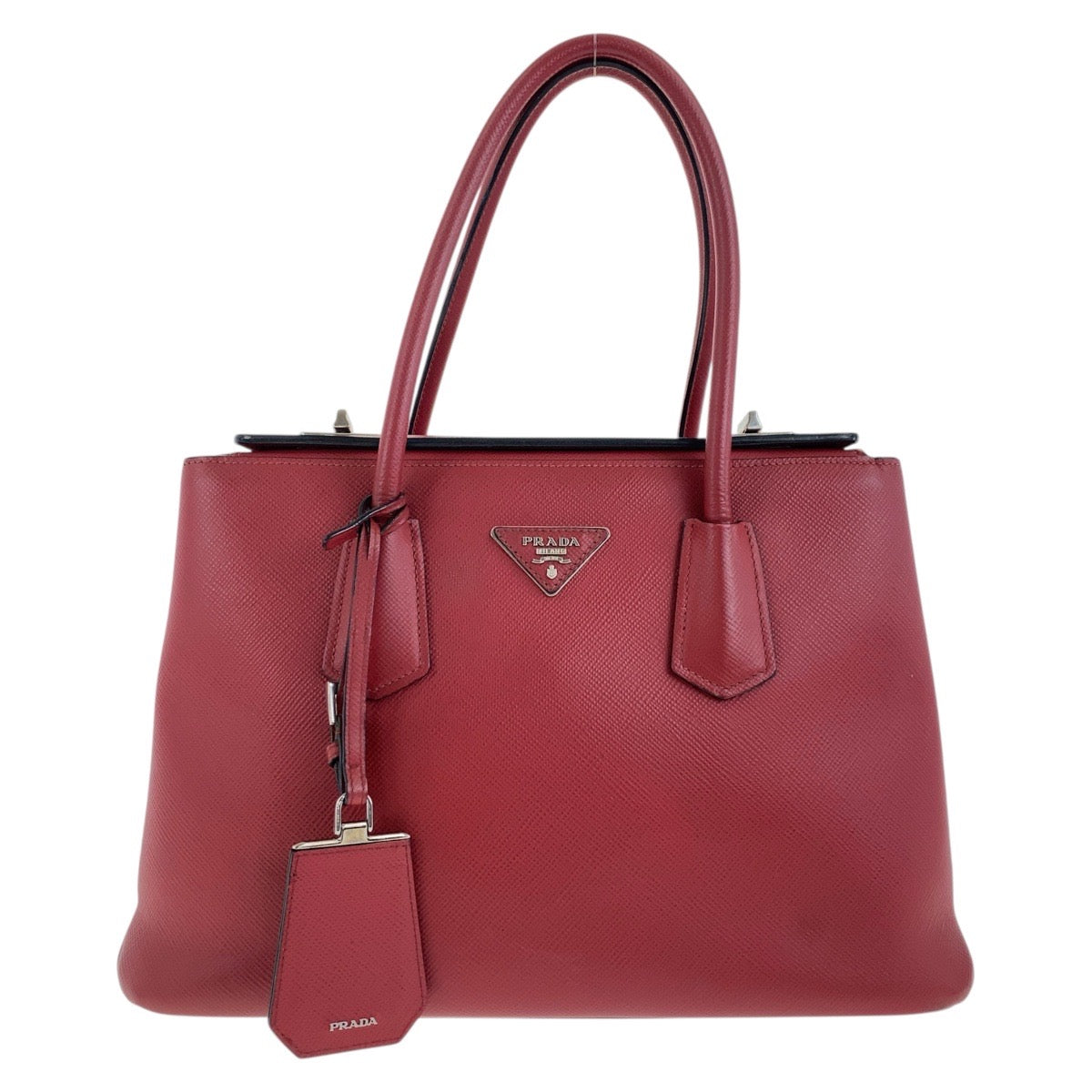 19486
PRADA プラダ サフィアーノ 三角ロゴプレート レッド シルバー金具 レザー トートバッグ ハンドバッグ  レディース A75
