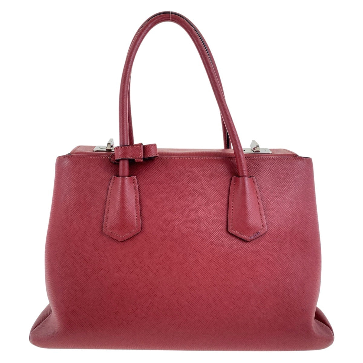 19486
PRADA プラダ サフィアーノ 三角ロゴプレート レッド シルバー金具 レザー トートバッグ ハンドバッグ  レディース A75