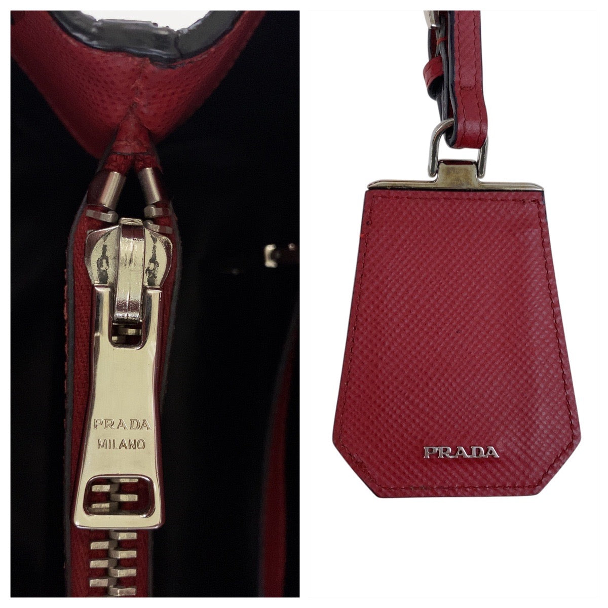 19486
PRADA プラダ サフィアーノ 三角ロゴプレート レッド シルバー金具 レザー トートバッグ ハンドバッグ  レディース A75