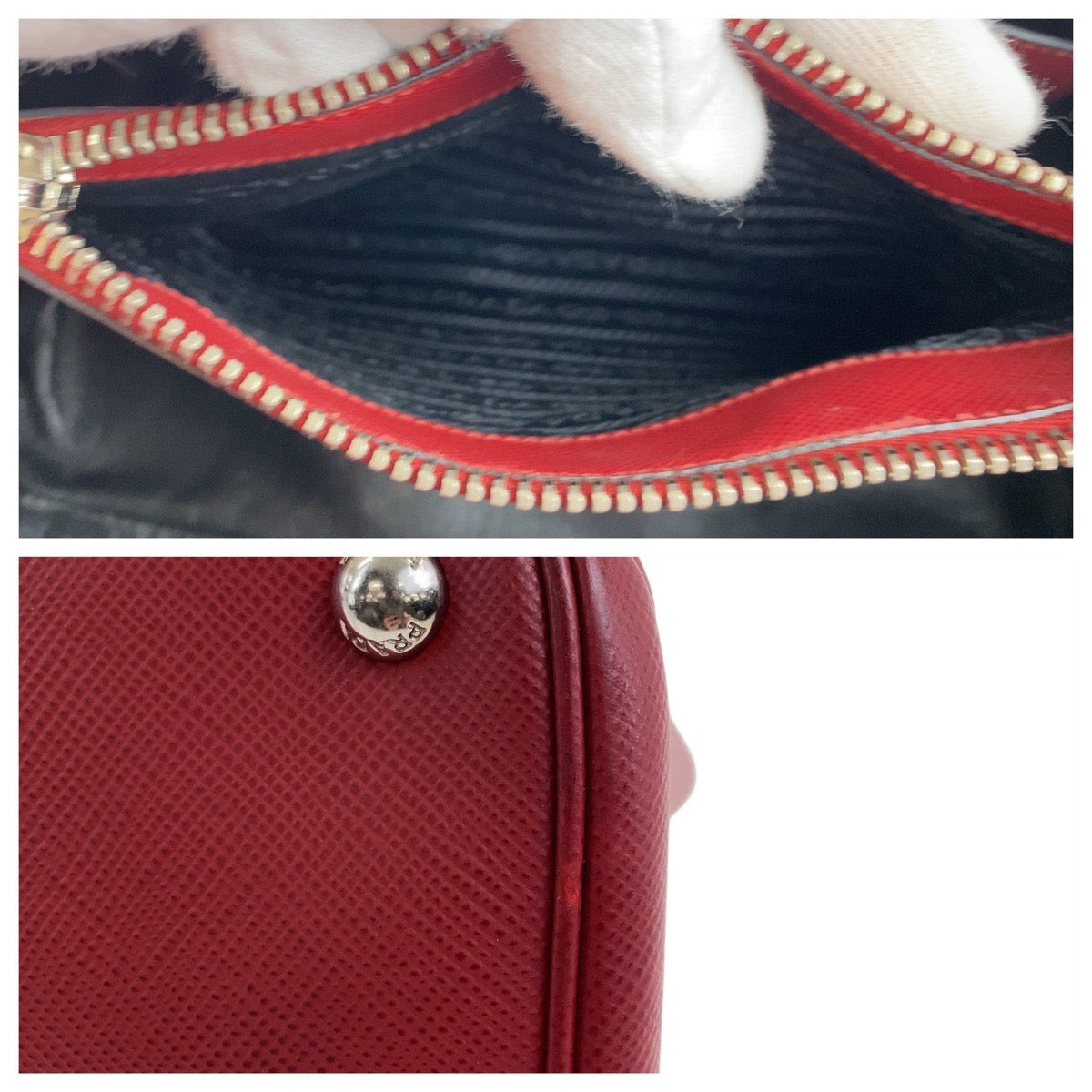 19486
PRADA プラダ サフィアーノ 三角ロゴプレート レッド シルバー金具 レザー トートバッグ ハンドバッグ  レディース A75